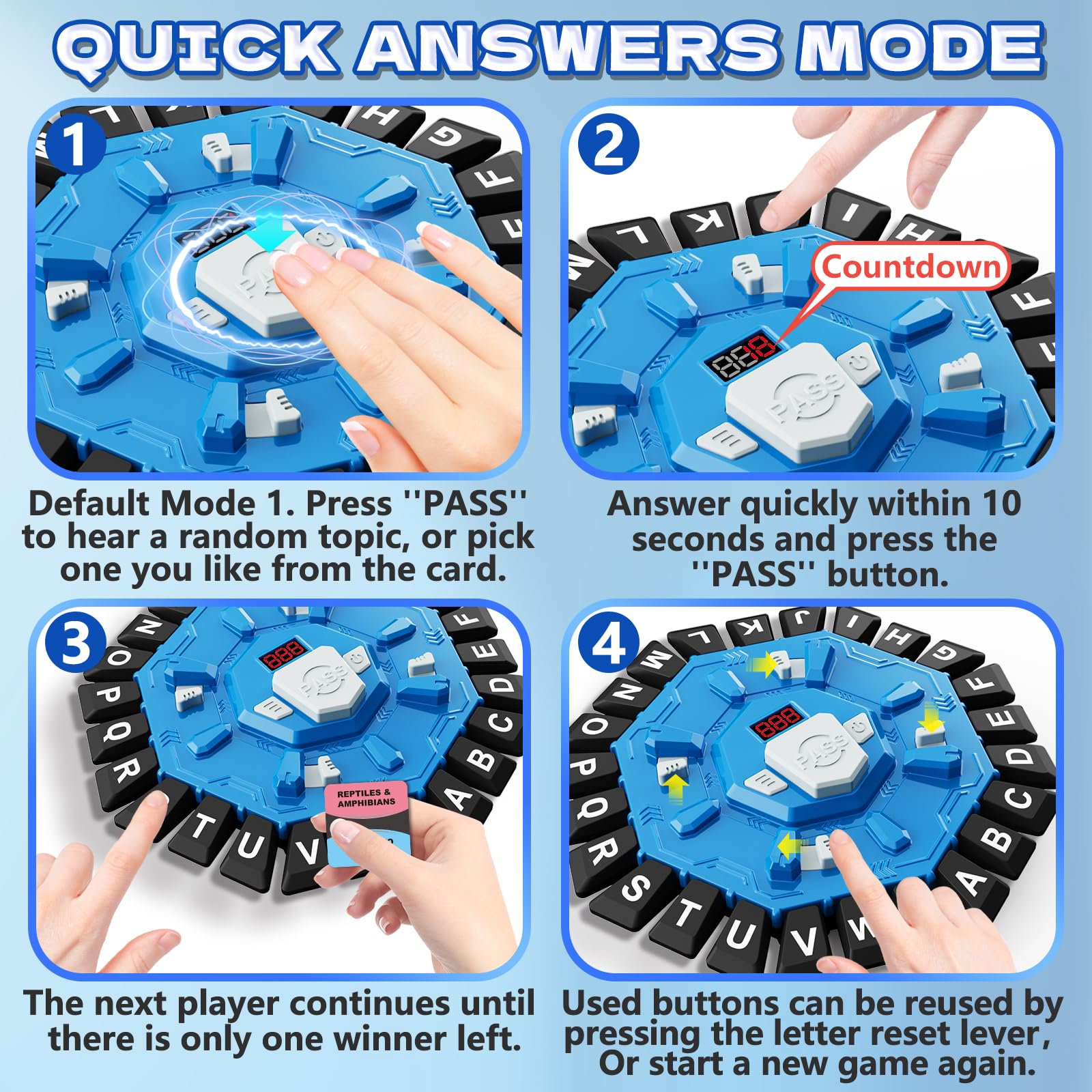 Juego de palabras, juego de mesa familiar con temporizador de pantalla digital y 2 categorías de modos, divertido juego rápido de 24 letras para fiesta de aprendizaje interactivo (azul) 5