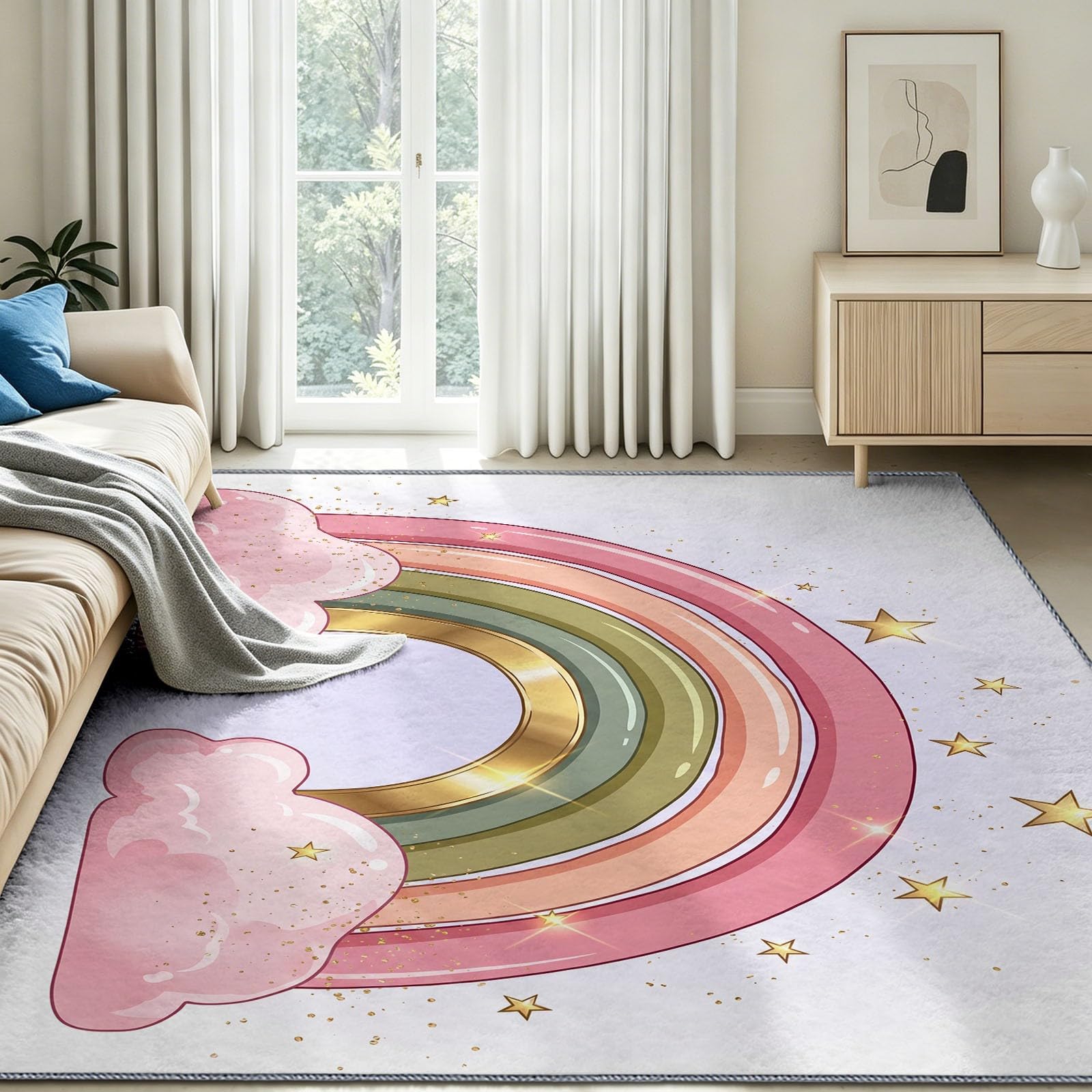 Dywanik do salonu, antypoślizgowy, 100 x 150 cm, biały, nadaje się do prania, łatwy w pielęgnacji, wytrzymały, z motywem z kreskówki, z krótkim włosiem, dywanik nocny, tęczowy, chmury, gwiazdy, dywan