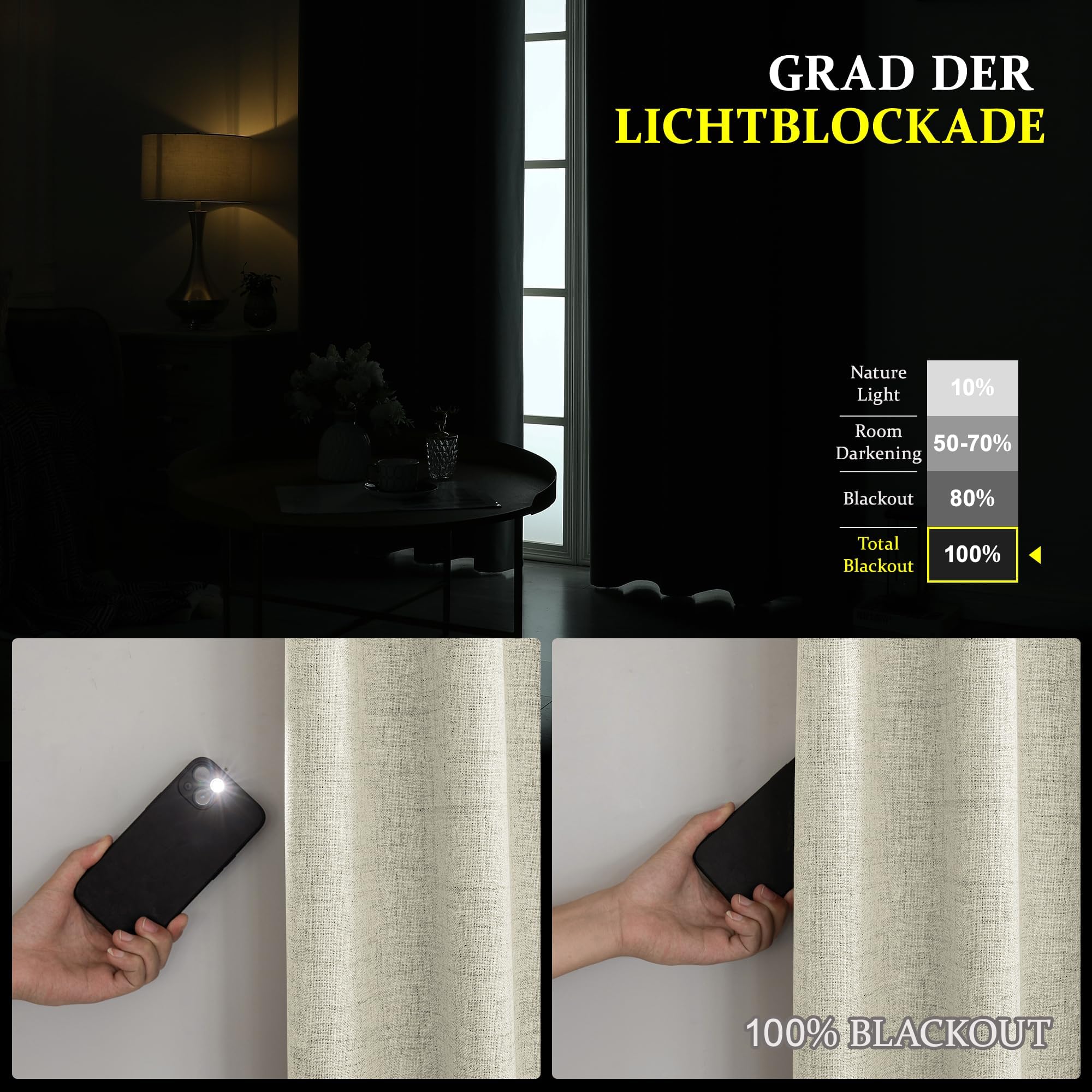 Cucraf Vorhang 100% Blickdicht Leinen Gardinen mit Ösen Verdunklungsvorhänge Gardinen Hellbeige H200 x B140 cm 2er Set – Bild 5