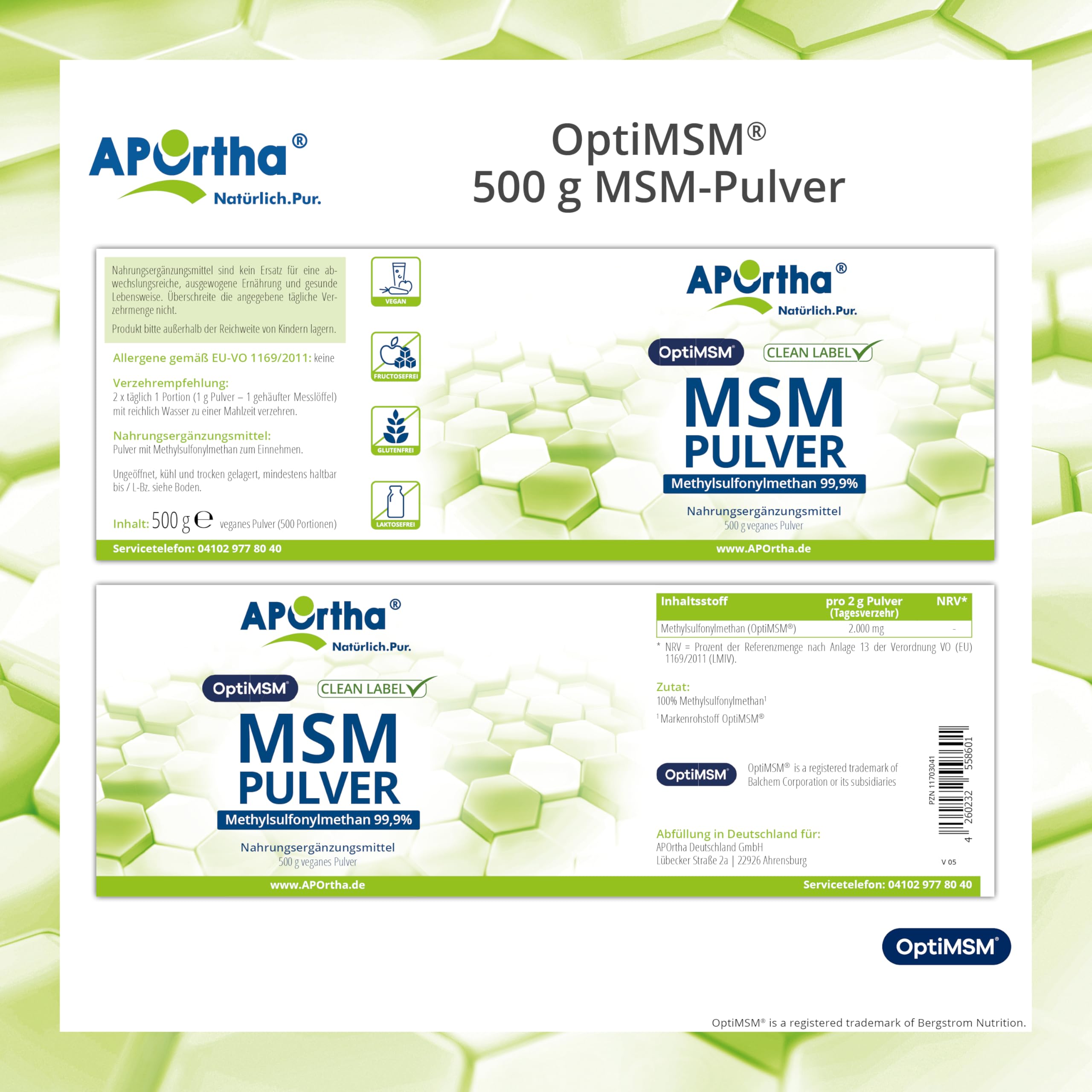 APOrtha® OptiMSM® MSM Pulver, 500g veganes Pulver, 99,9% reines Methylsulfonylmethan ohne jegliche Zusätze, 1.000 mg OptiMSM® MSM pro Portion, vegan, glutenfrei, lactosefrei, allergenfrei