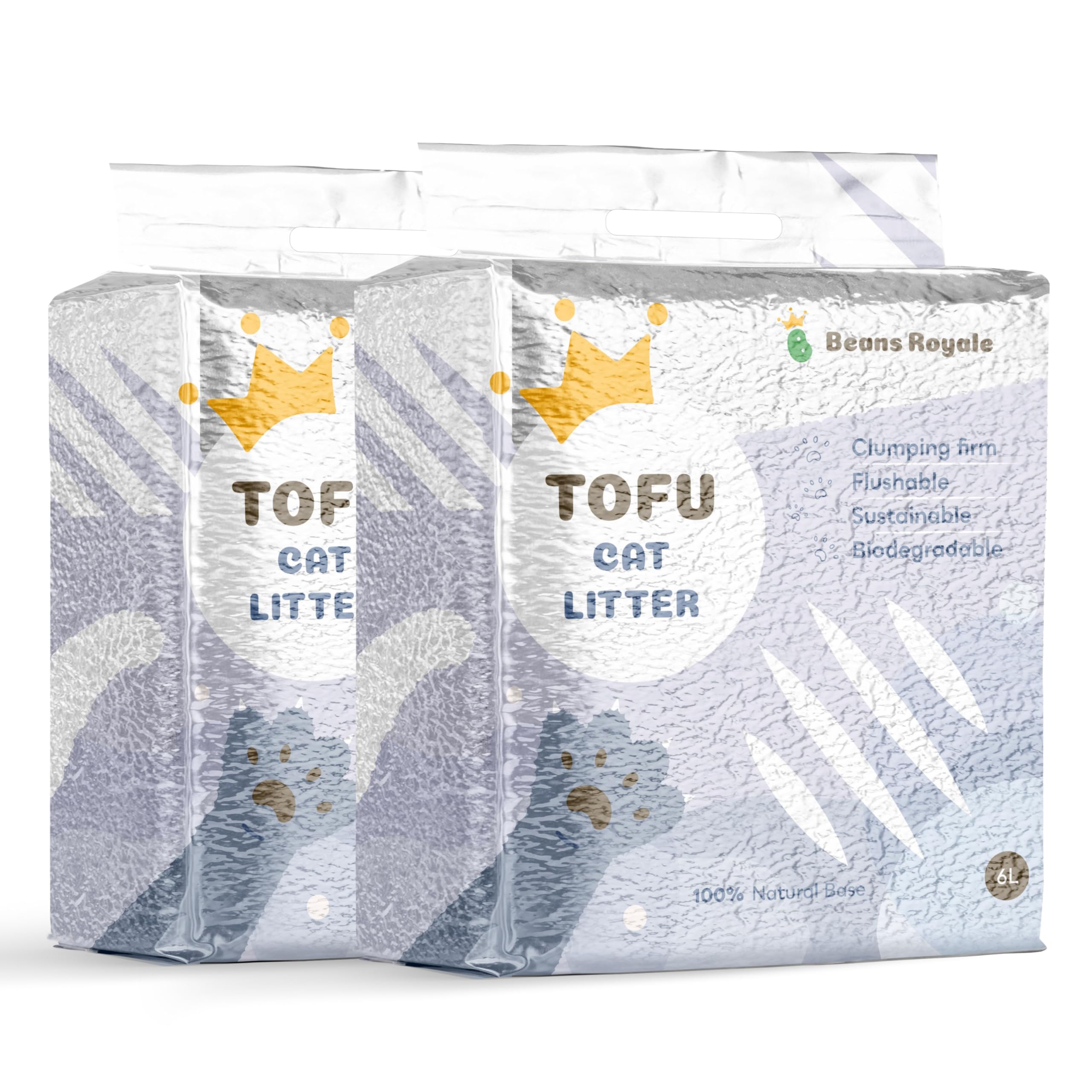 Beans Royale Paquete de 2 Piezas (6 L x 2) Arena para Gatos de Tofu, Arena para Gatitos, desechable, Fibra de Guisante, sin Polvo, Control de olores, bajo Seguimiento, Ligera (carbón Activado)