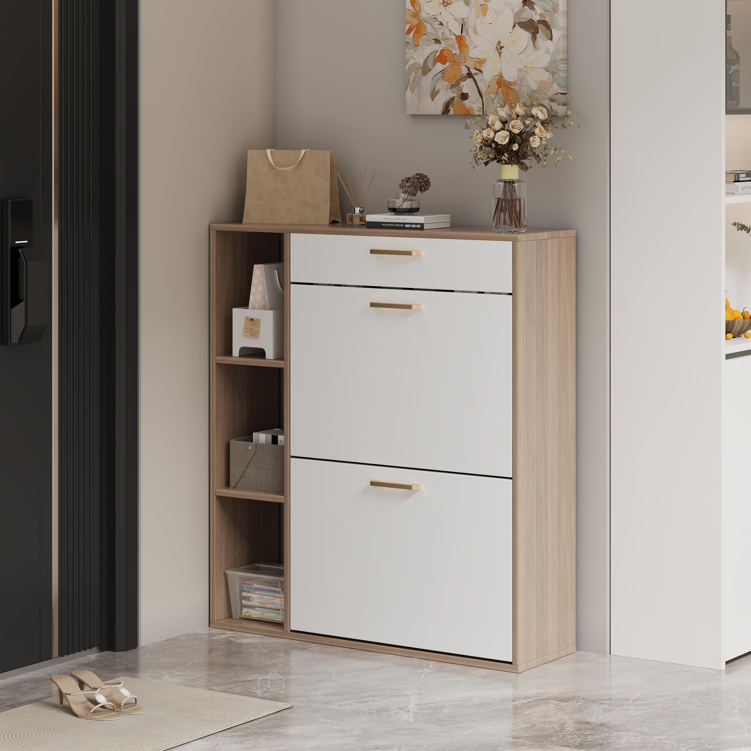 Zapatero 2 Puertas Estrecho Mueble Zapatero con 1 cajón y 3 Compartimentos de Almacenamiento para 12-16 Pares de Zapatos，para Sala de Estar, Pasillo de Entrada, 80x24x90cm Blanco