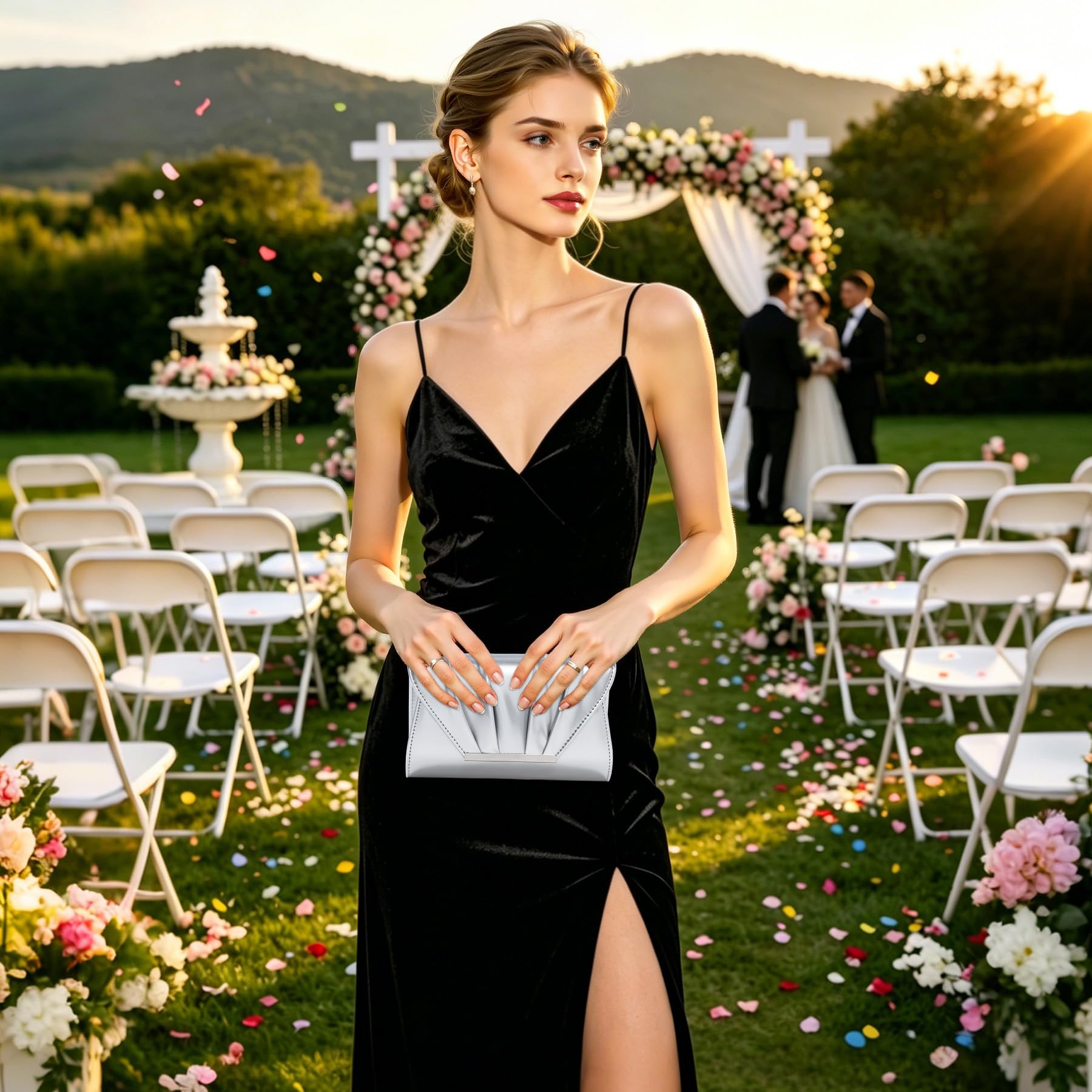 Pochettes et Clutches Femme, Métallisé Sac à Main Femme de Soirée en Cuir Verni, Enveloppe Plissé Pochette Mariage avec Chaîne, Élégant Sac Bandoulière pour Fête Cocktail Dîner