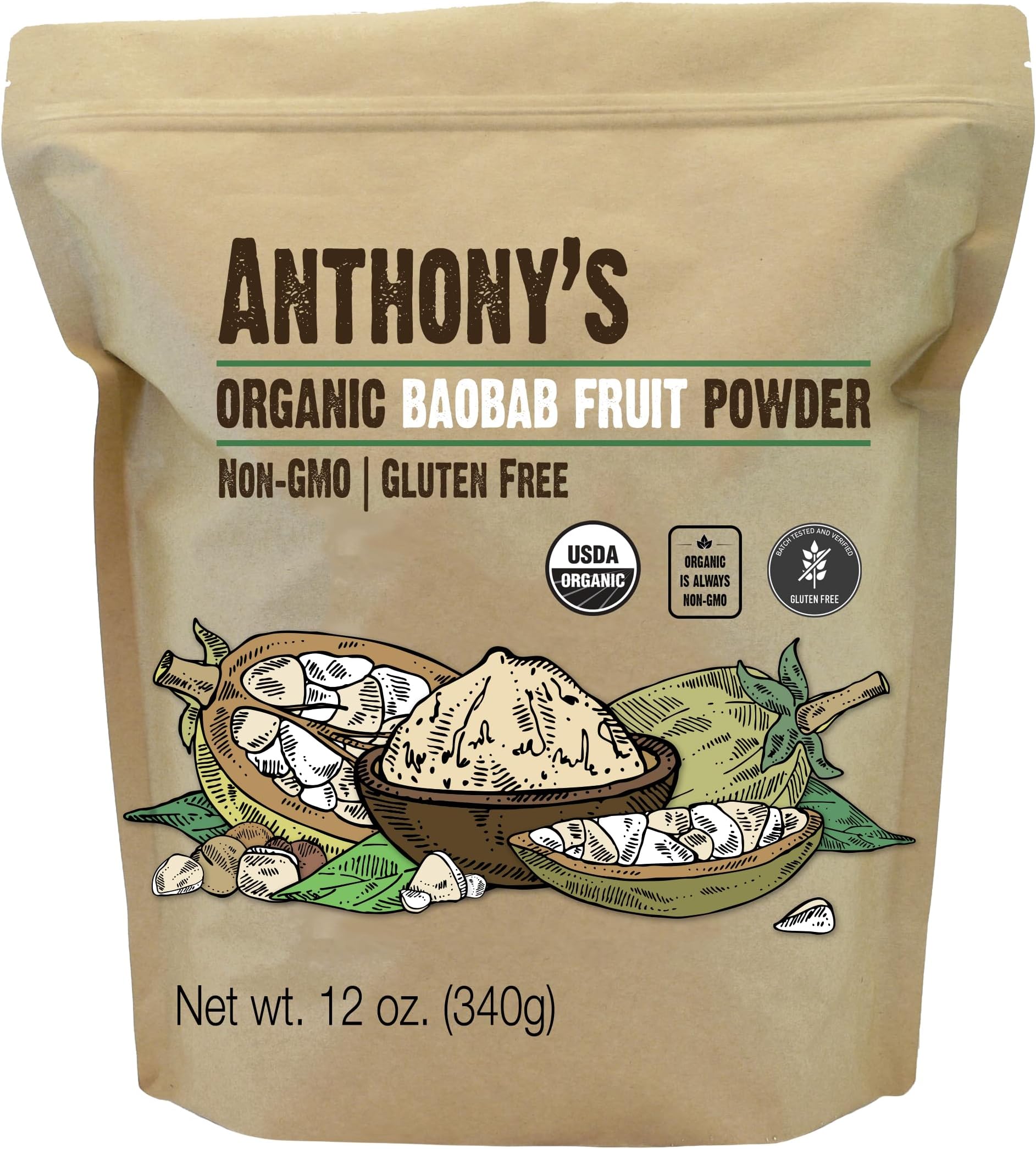 Anthony's Organic Baobab Fruit Powder, 12 oz, Gluten Free, Non GMO