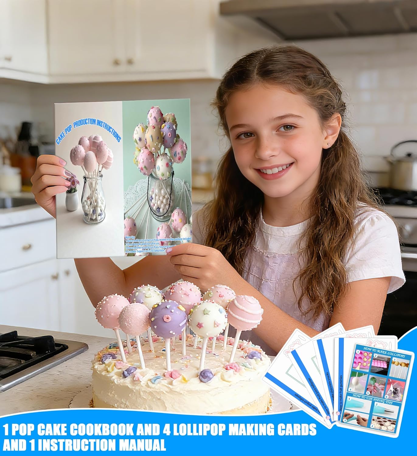 Cake Pop Maker Kit with Cake Pop Sticks Silicone Cake Pop Mold Cake Stand Chocolate Candy Melting Pot Lollipop Instructions Visual Recipe Cards Icing Piping Tips Cake Topper Baking Supplies