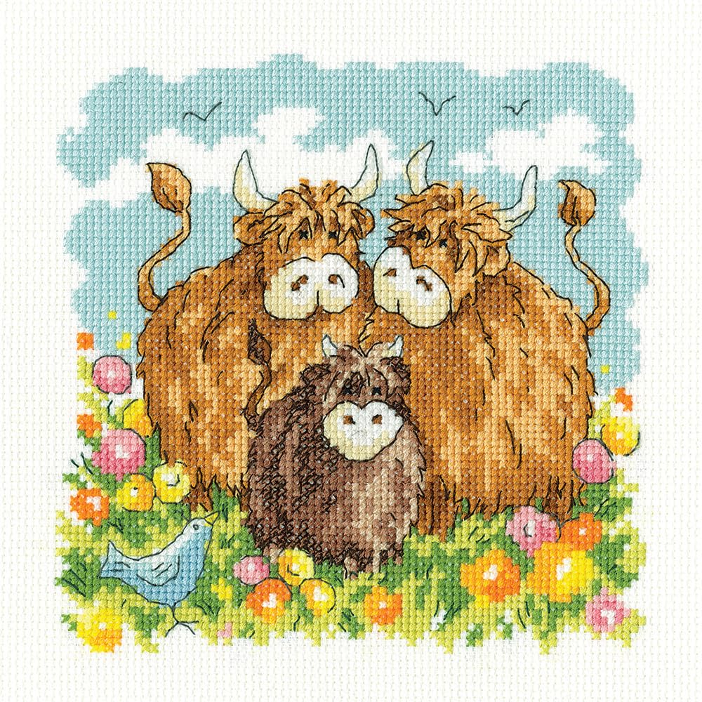 Heritage Crafts Undefined Cross Stitch Kit - Highland Cows (Aida)