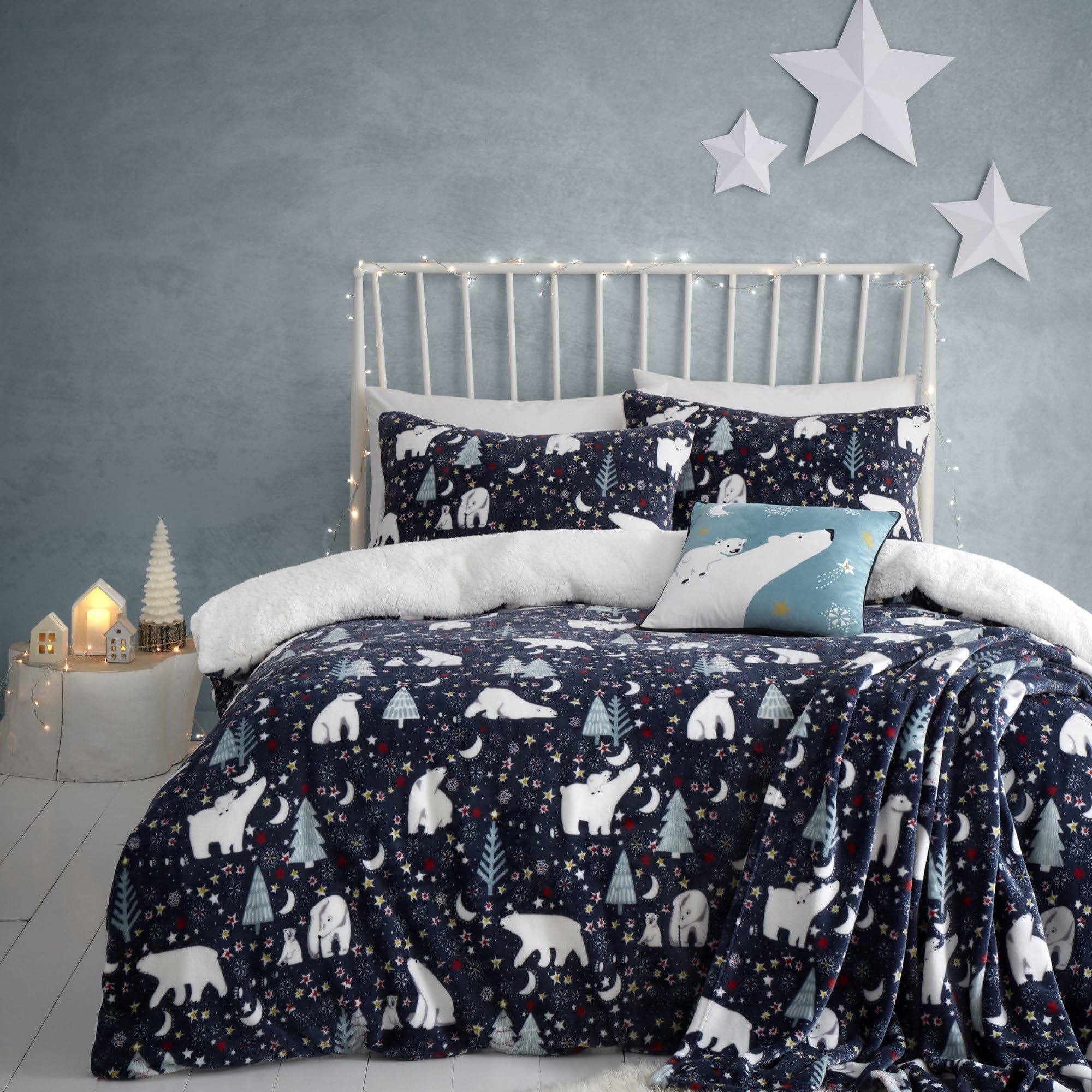 Fusion Christmas Polar Bear Duvet Cover King Size Bed Starry Night Fleece Bedding (230x220cm) – Reversible – 2 Pillowcases – Navy Arctic Design – Festive Winter Bedding