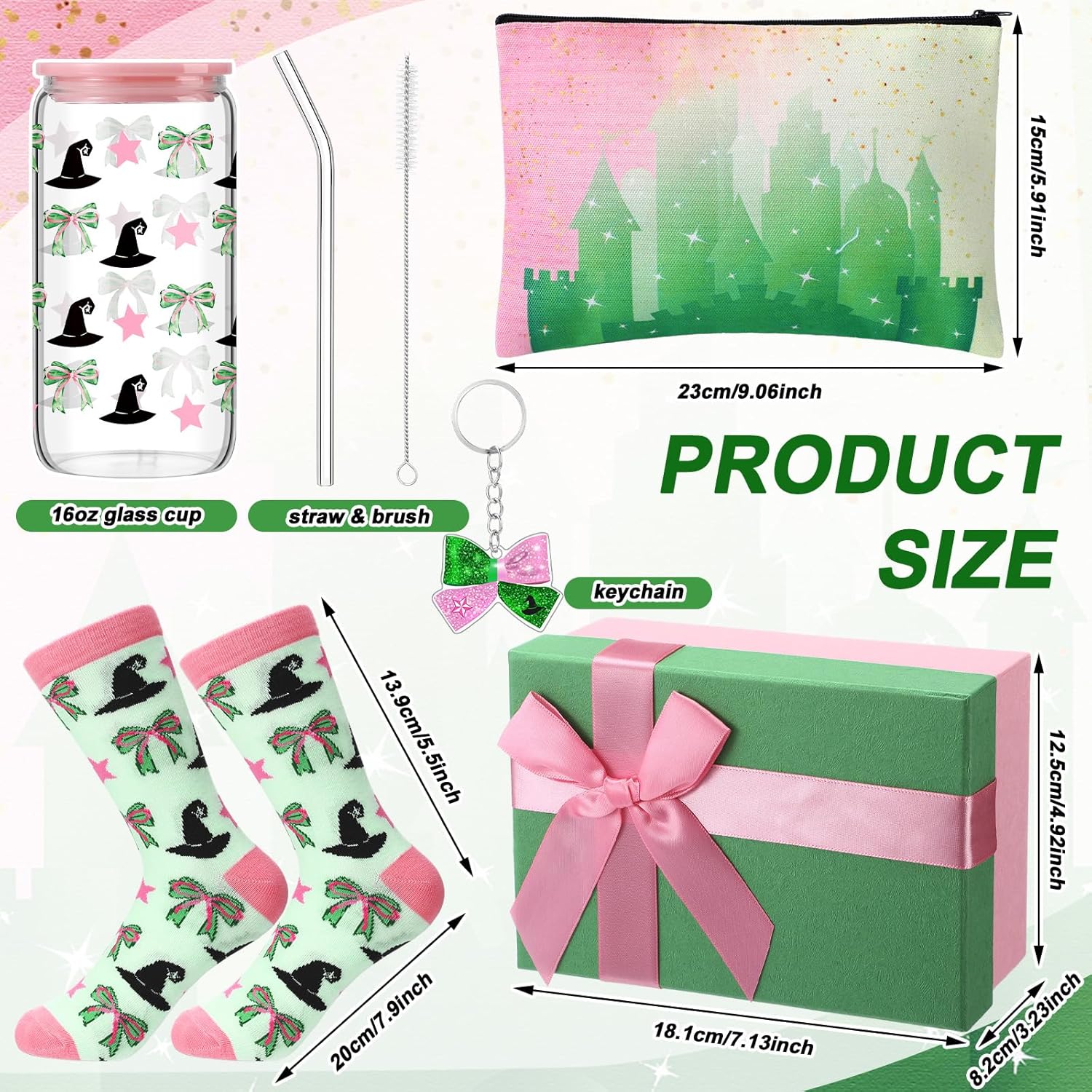 Boao 5 Pcs Pink and Green Gift Set with Glass Cup Socks Cosmetic Bag Keychain Box Witch Stuff Pink and Green Themed Birthday Party Supplies for Castle Fantasy Princess Witch Gifts - Image 3