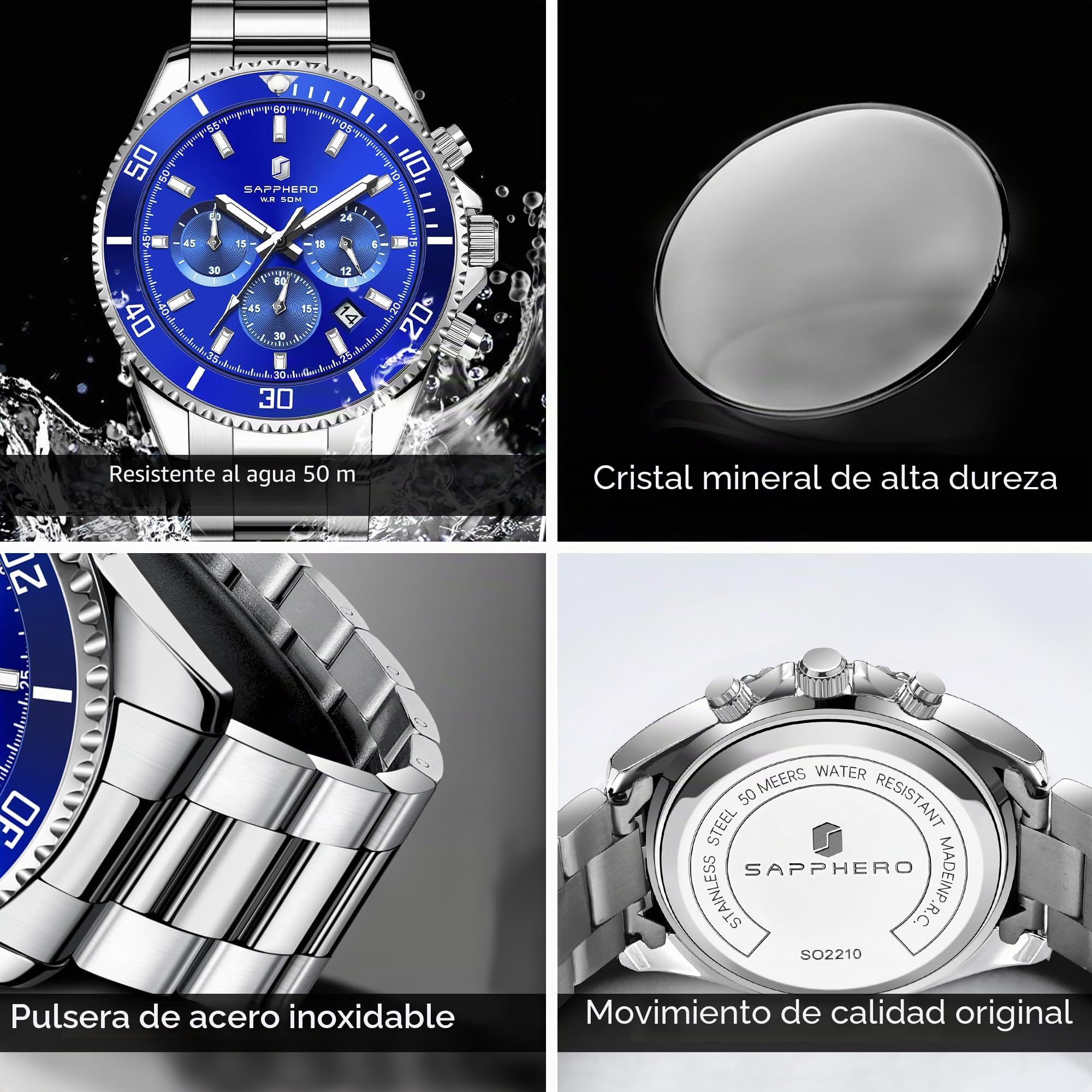 SAPPHERO Reloj Hombre Cronografo Analógico Movimiento de Cuarzo 50M Impermeable Relojes para Hombre Banda de Acero Inoxidable Clásico Casual Diseñador Relojes Elegante Regalo para Hombre