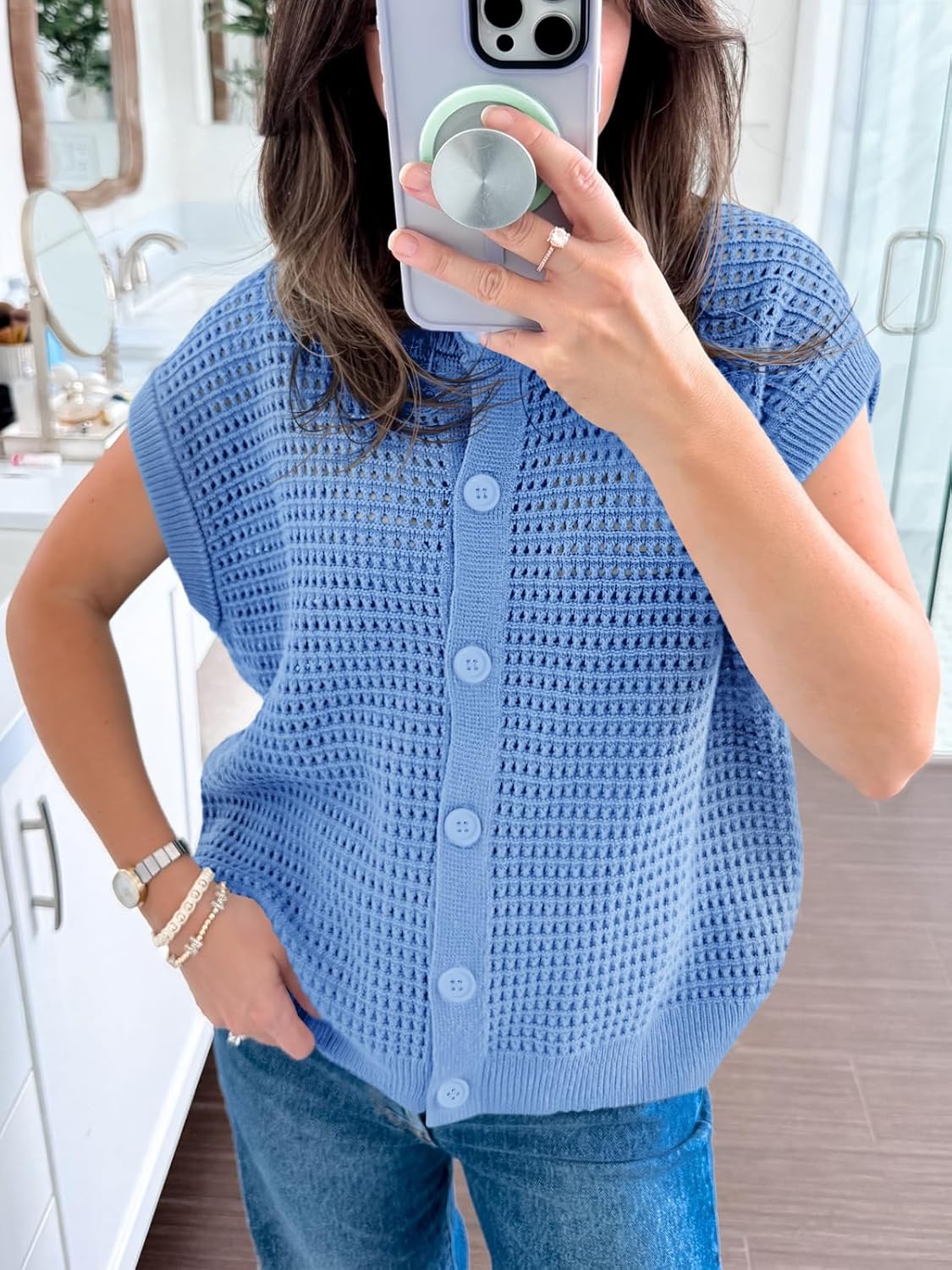 Saodimallsu Womens Short Cap Sleeve Sweater Vest Crochet Button Down Cardigans Crew Neck Summer Knit Tops - Image 5