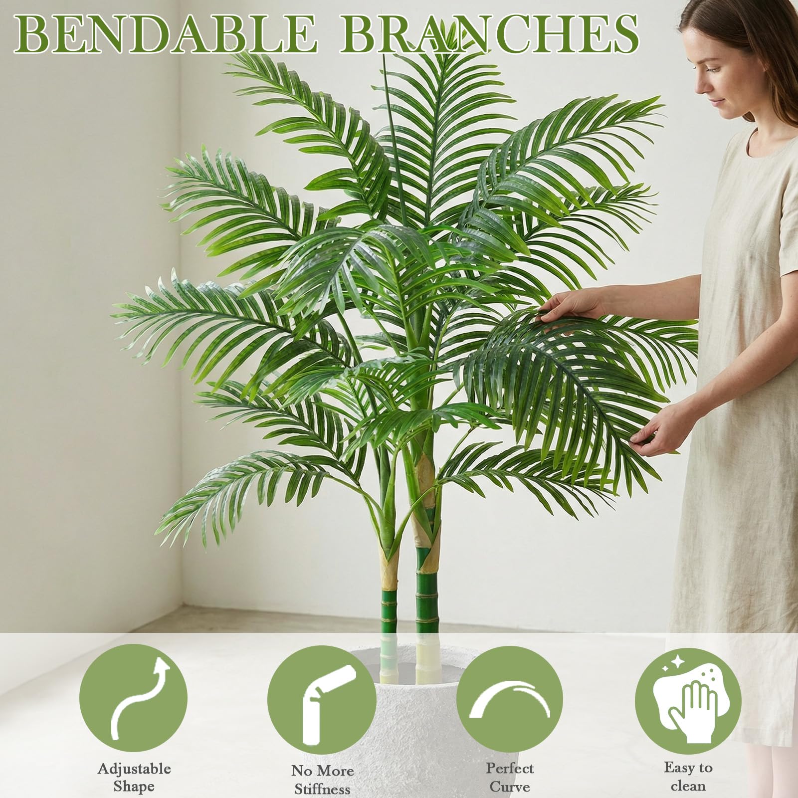 Künstliche Goldene Palme 120cm, Kunstpflanze Groß Palm mit Schwarzer Topf | Fake Plant mit 2 Stämme und 15 Blätter, Kunstpflanzen Wie Echt für Zimmerdeko Wohnzimmer Schlafzimmer Büro Balkon Dekoration