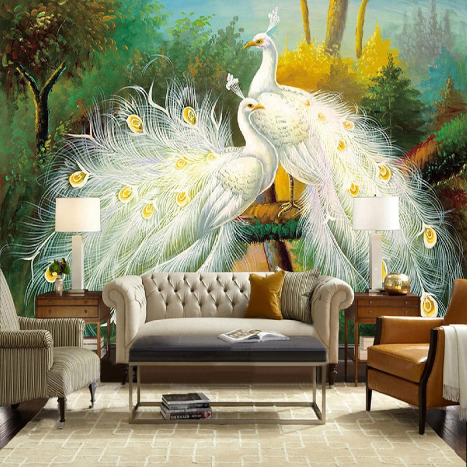 Papier Peint 3D Paon Blanc en Soie Gaufrée Moderne - Décoration Élégante Salon 200x140 cm
