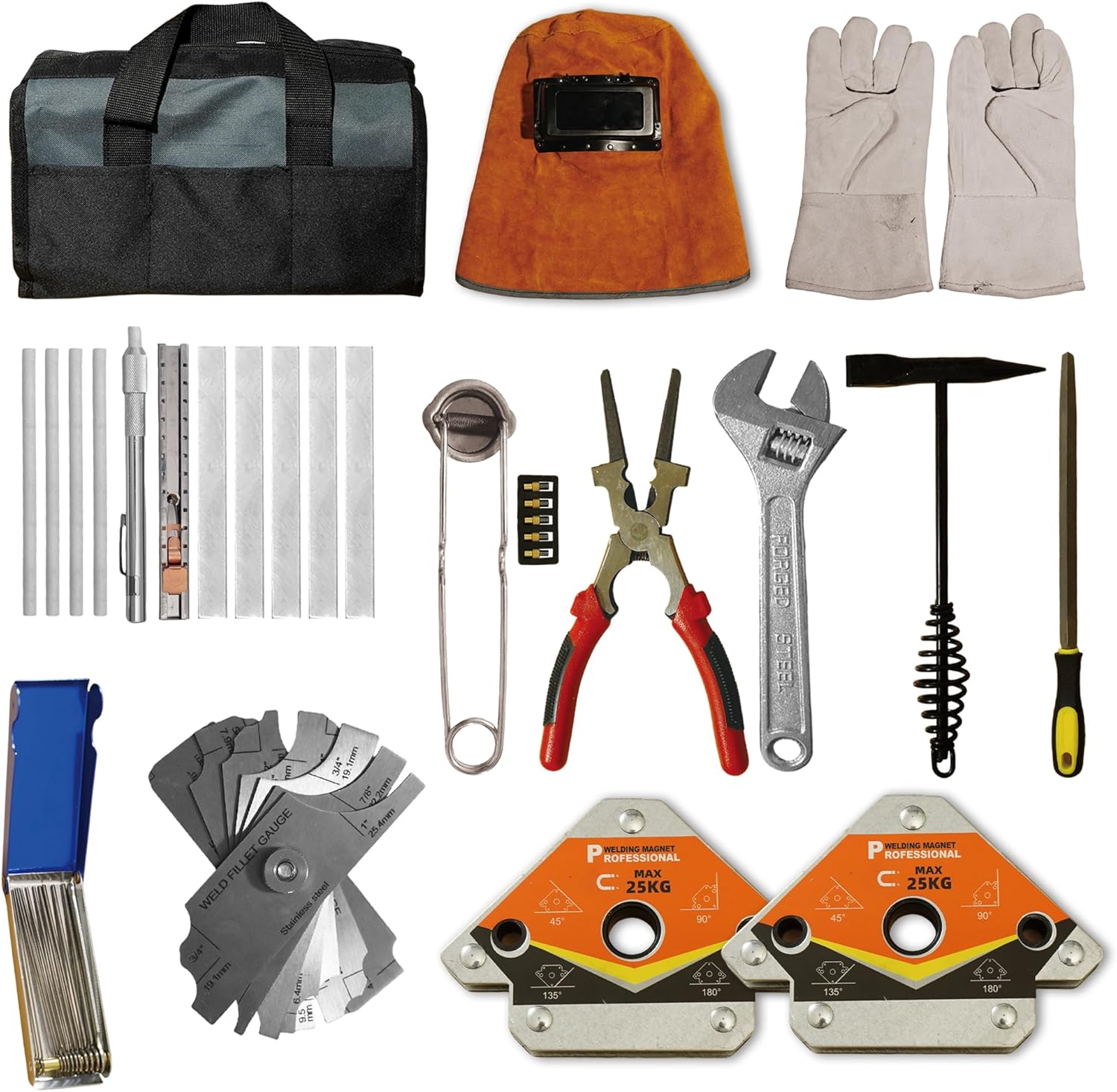 25Pcs Welding Tools Kit Welding Accessories Chipping Hammer Leather Gloves,Welding Helmet, Soapstone Holder, Welding Magnet, Torch Striker, Wire Brush, Fillet Gage Pliers Wrench Half Round File