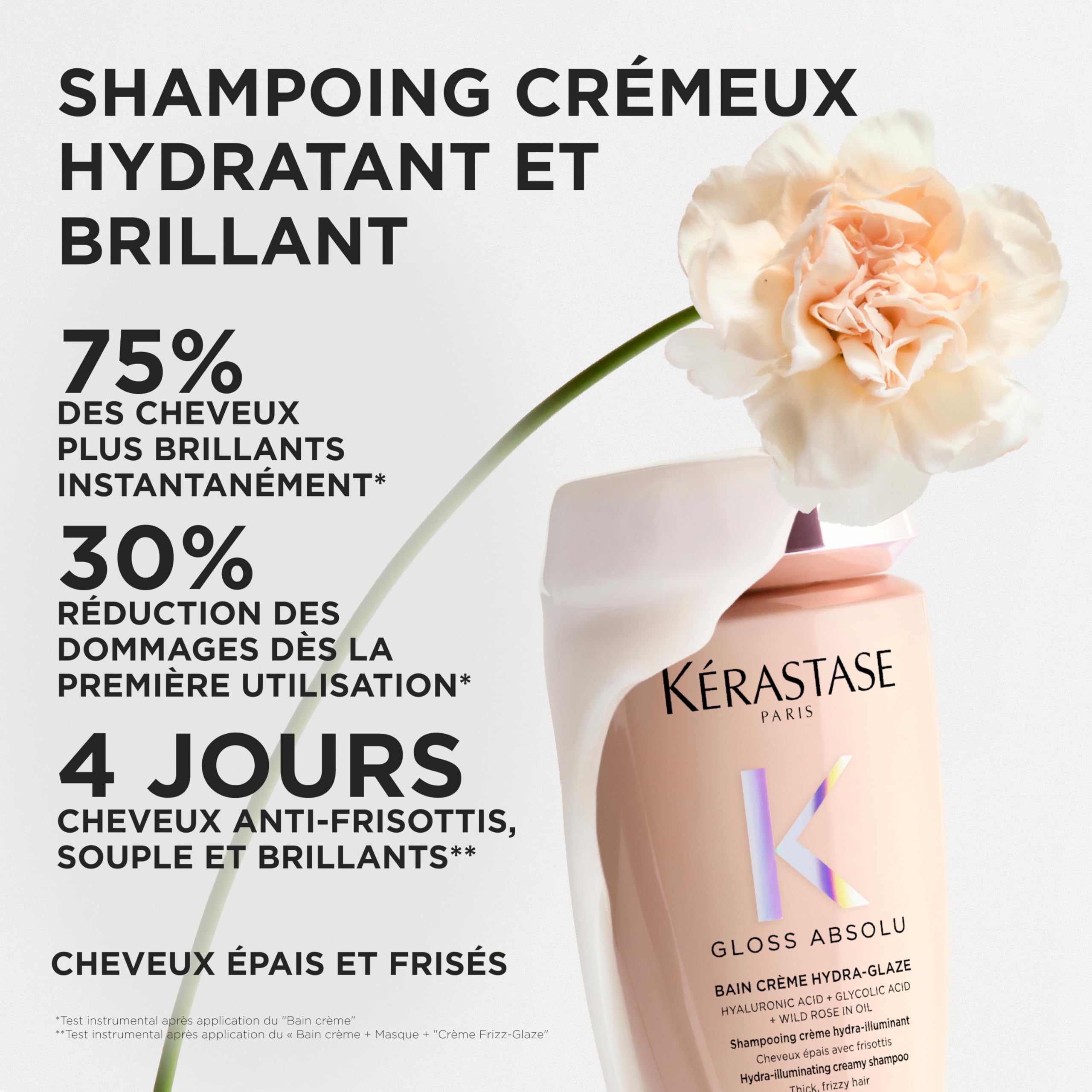 KÉRASTASE Gloss Absolu - Bain Hydra-Glaze - Shampoing Crème Hydra-Illuminant et Anti-Frisottis - Acide Hyaluronique, Glycolique et Huile de Rose - Cheveux Épais Sujets aux Frisottis