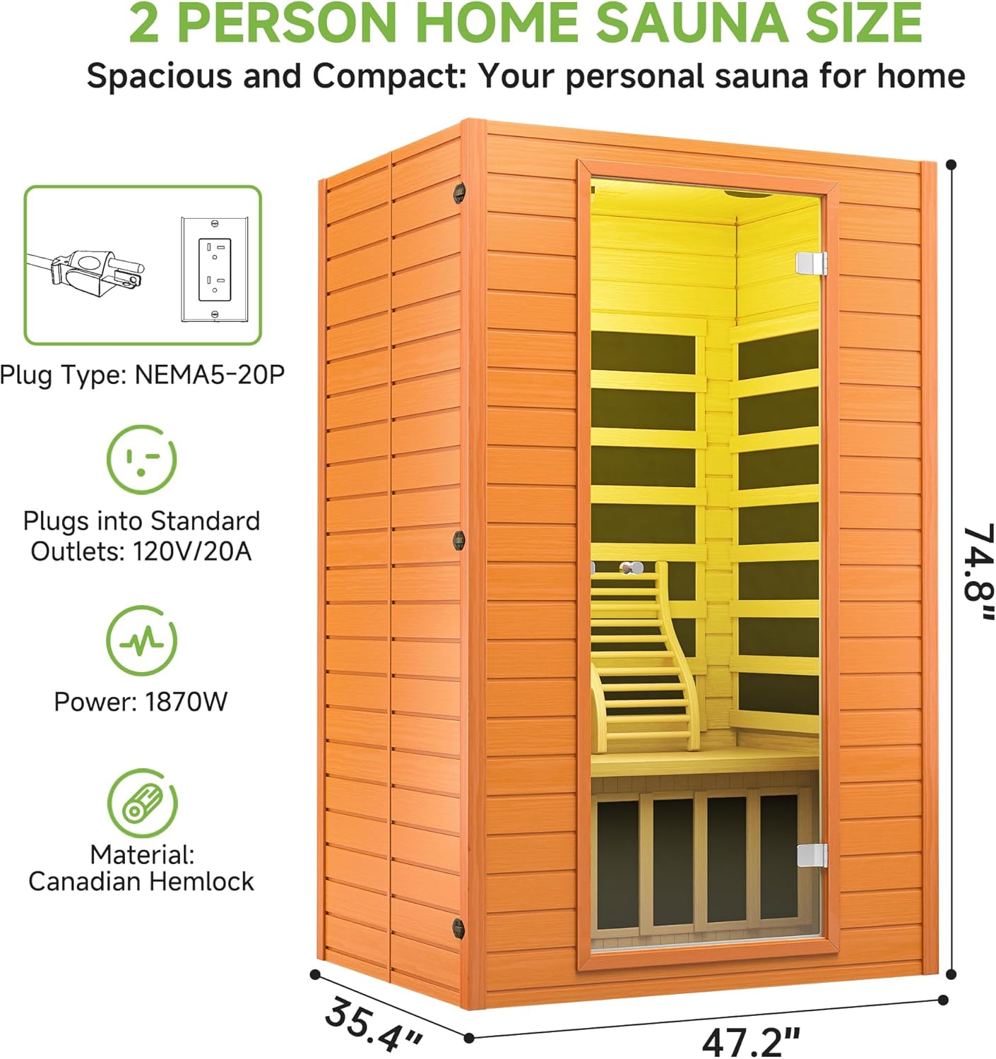 Real Relax Infrared Sauna, 2 Person Low EMF FAR Infrared Saunas for Home, Indoor Personal Canadian Hemlock Wood Sauna with 9 Chromo Therapy Lights, Bluetooth Speakers for Home & Gym Spa