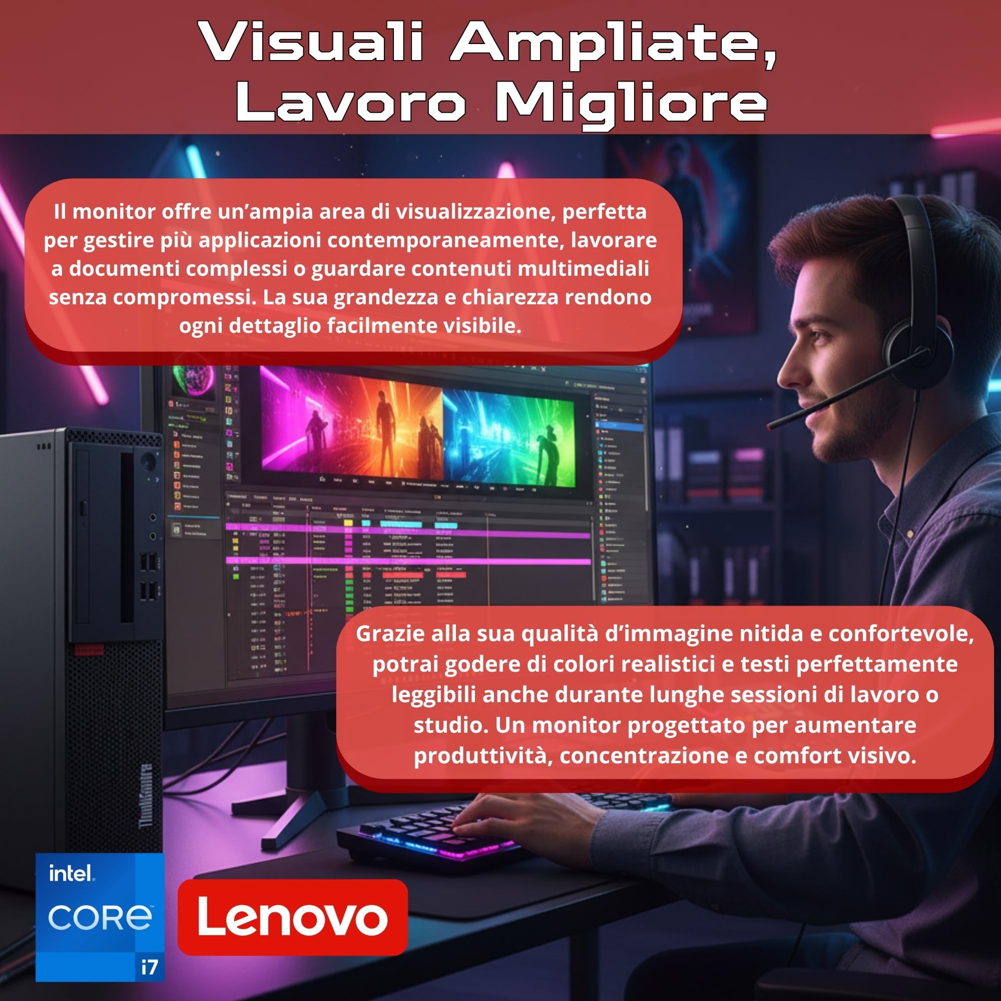 Lenovo Postazione ufficio completa Pc Desktop Intel Core i7 Fino a 4.70 Ghz | Ram 16GB | SSD 2000 GB | Monitor 32" FullHD con audio incluso Wifi Win 11 Cuffie Essential Stereo
