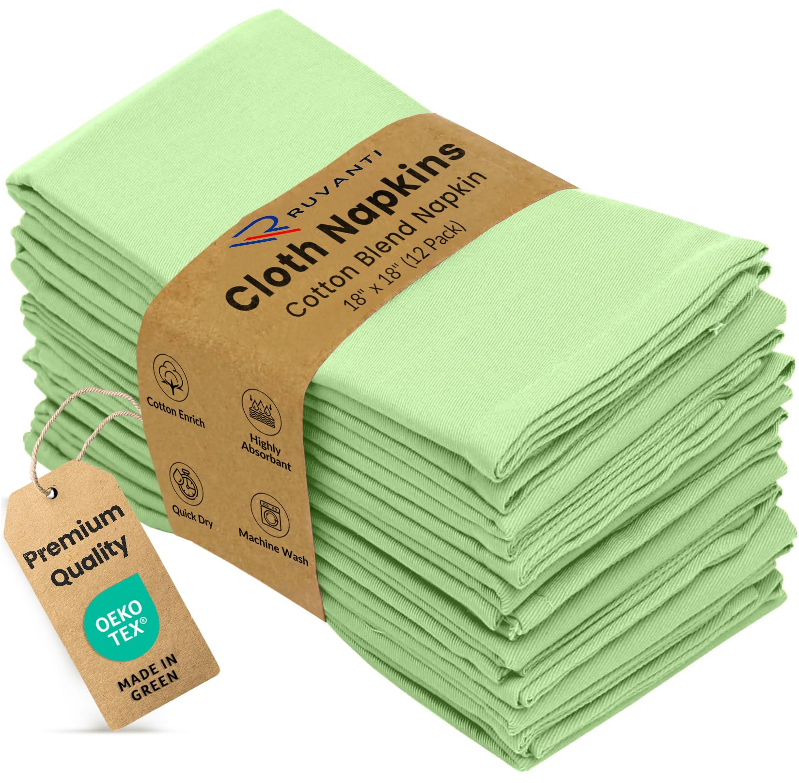 Ruvanti Cloth Napkins Set of 12, Cotton Enrich 18”x18” - Light Green