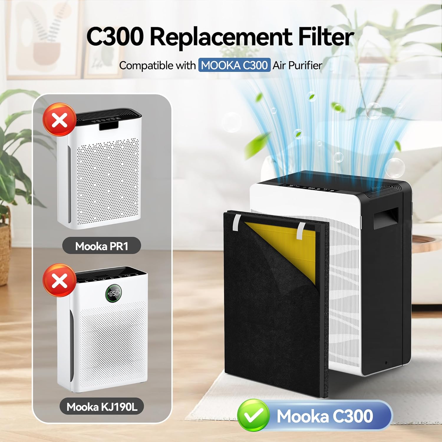 C300 Replacement Filter Compatible with Mooka C300 Air Purifier, HEPA and Deodorization Activated Carbon Filter Combo (Pet,4Pack)