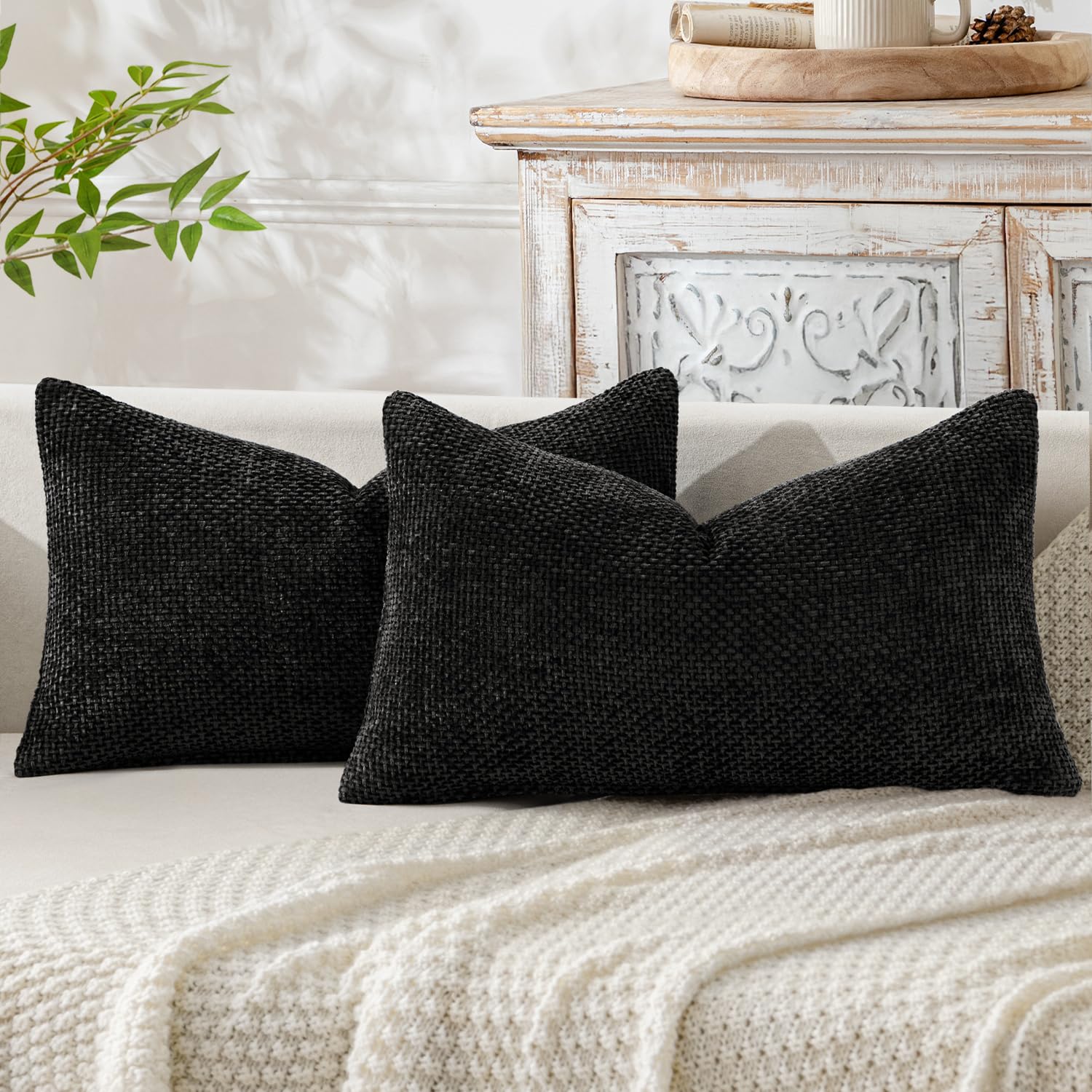 MIULEE Decorative Lumbar Throw Pillow Covers 12x20 Inch Black 2 Pack