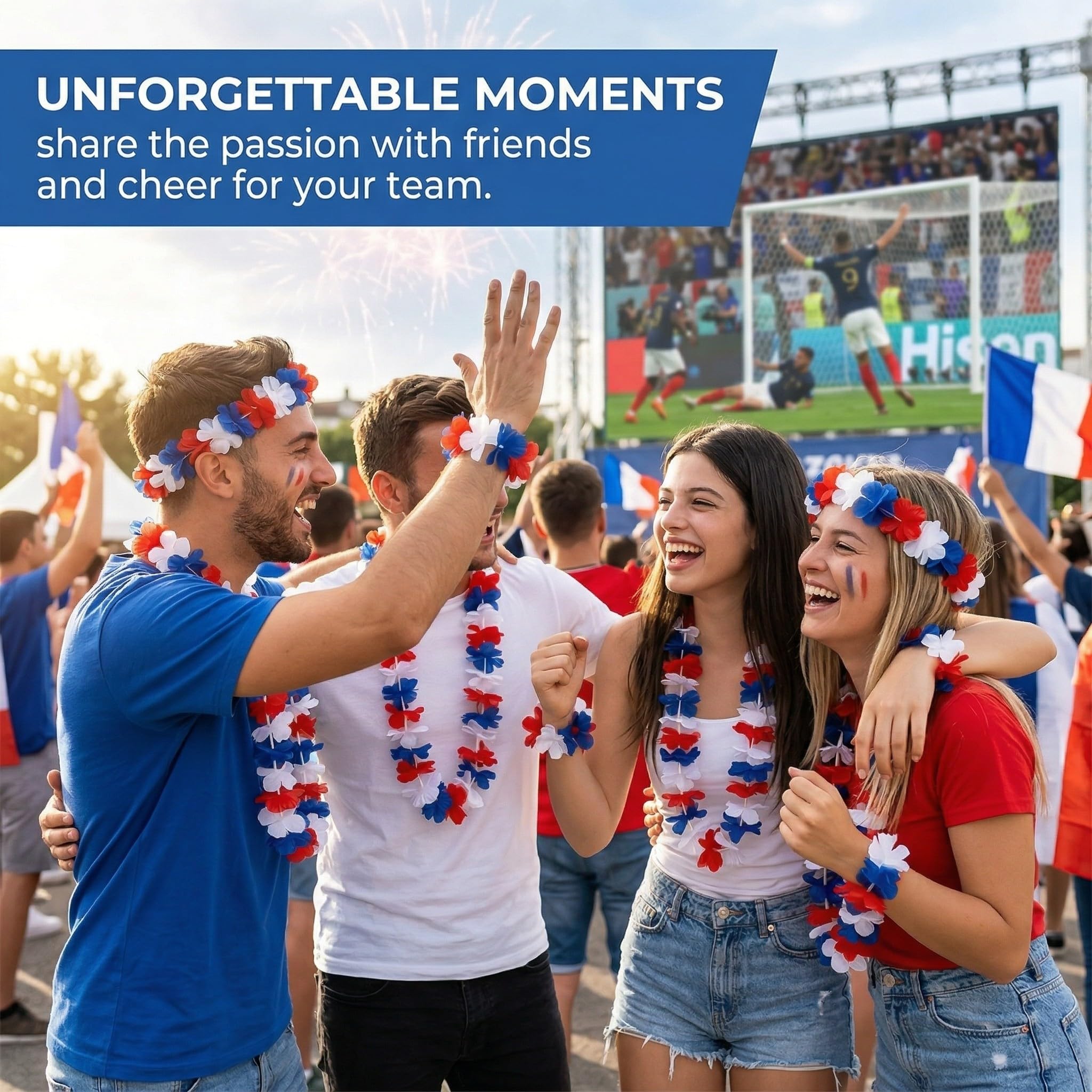 2 ensembles guirlandes hawaïennes France - Comprend bandeau, collier et bracelet, pour décorations de la Coupe du Monde 2026 et articles de football (Bleu Blanc Rouge)
