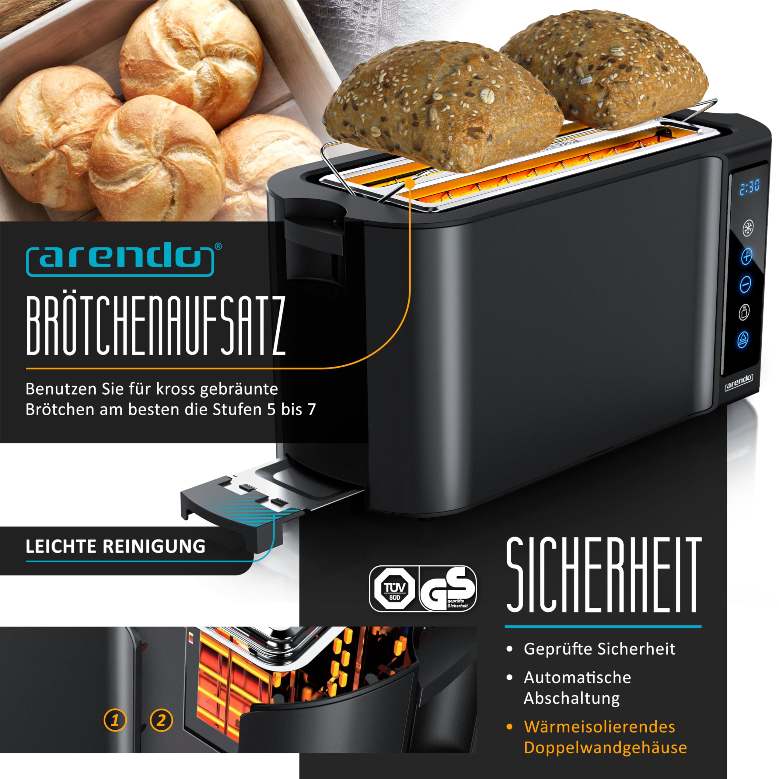 Arendo Wasserkocher Toaster SET Edelstahl 45-100 Grad Warmhaltefunktion 4 Scheiben Touch Display Brötchaufsatz Schwarz Matt