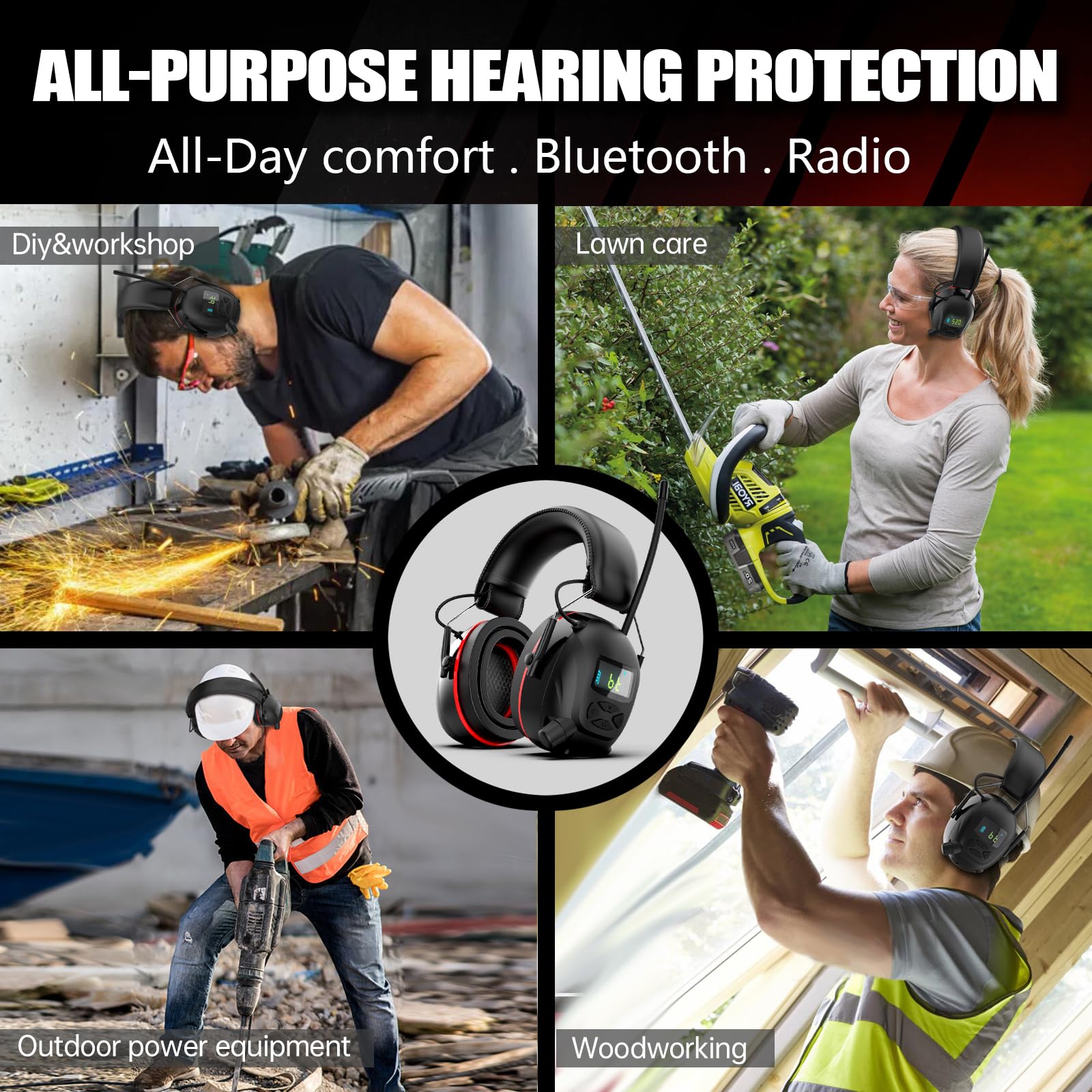 Qozybuds Auriculares de gel Bluetooth 5.4 con protección auditiva AM FM, orejeras de seguridad para reducción de ruido con batería recargable de 2000 mAh, protector de oídos para cortar el césped