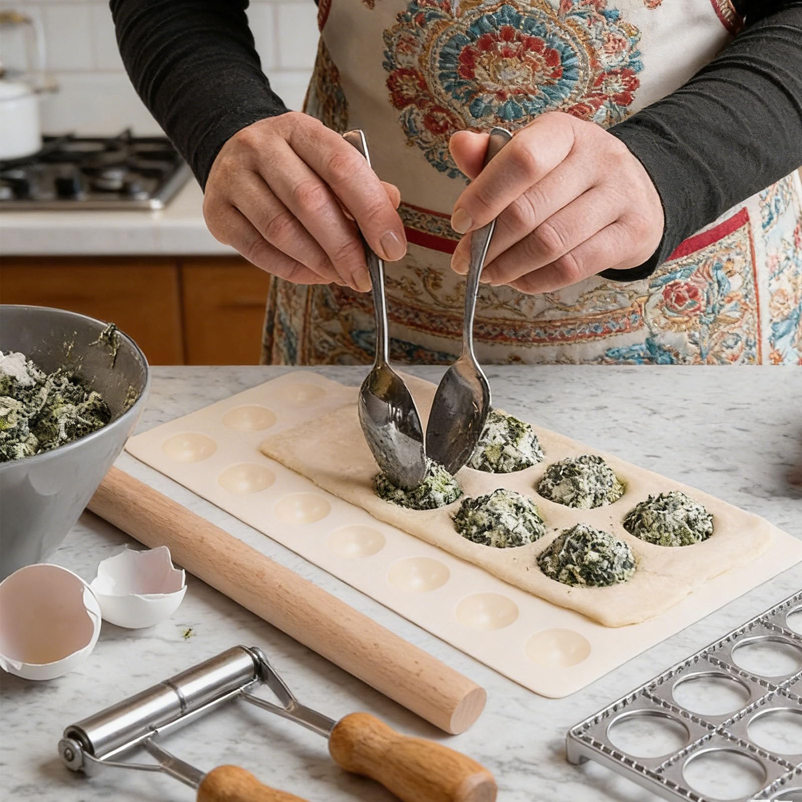 Luocute Cortador para Hacer Raviolis Cuadrados, Molde para Bola de Masa de Aleación de Aluminio de 12 Agujeros con Rodillo de Madera, Molde para Pasta y Sellos para Cocinar Albóndigas