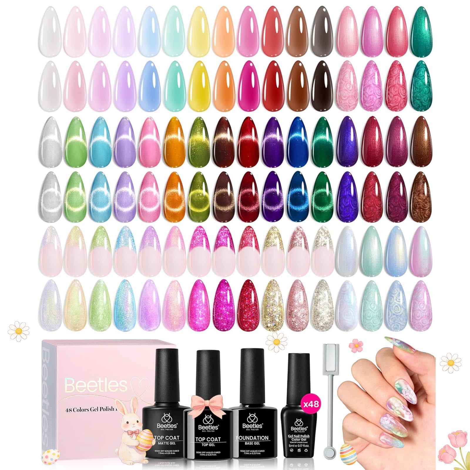 Beetles Spring Gel Nail Polish Set - 53 Pcs 48 Colors Cat Eye Gel Nail Polish Pink Jelly Nude Red Green Blue Glitter Shell Shread Salon DIY Home UV LED Easter Gifts for Women Vivid Moments