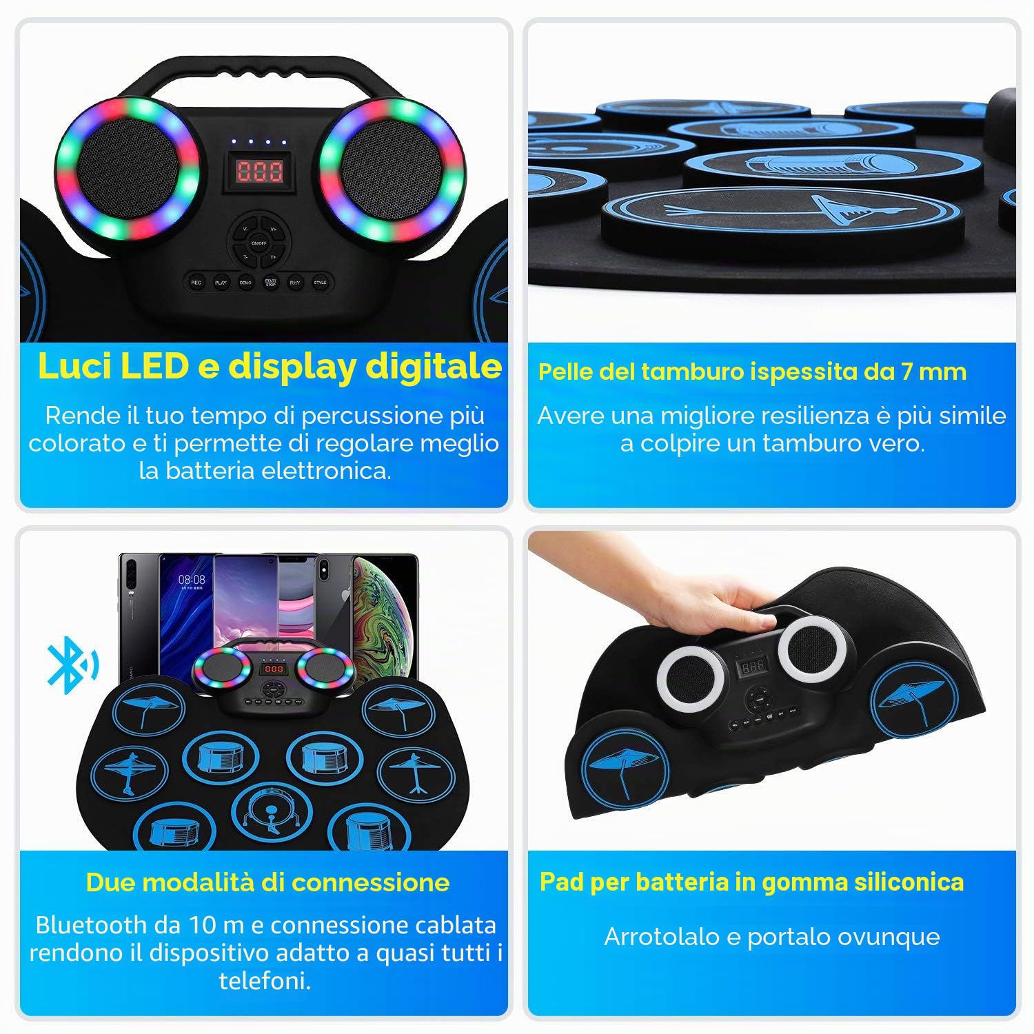 Uverbon Batteria Elettronica Portatile Roll-Up Kit con Altoparlanti Stereo Bluetooth per Bambini