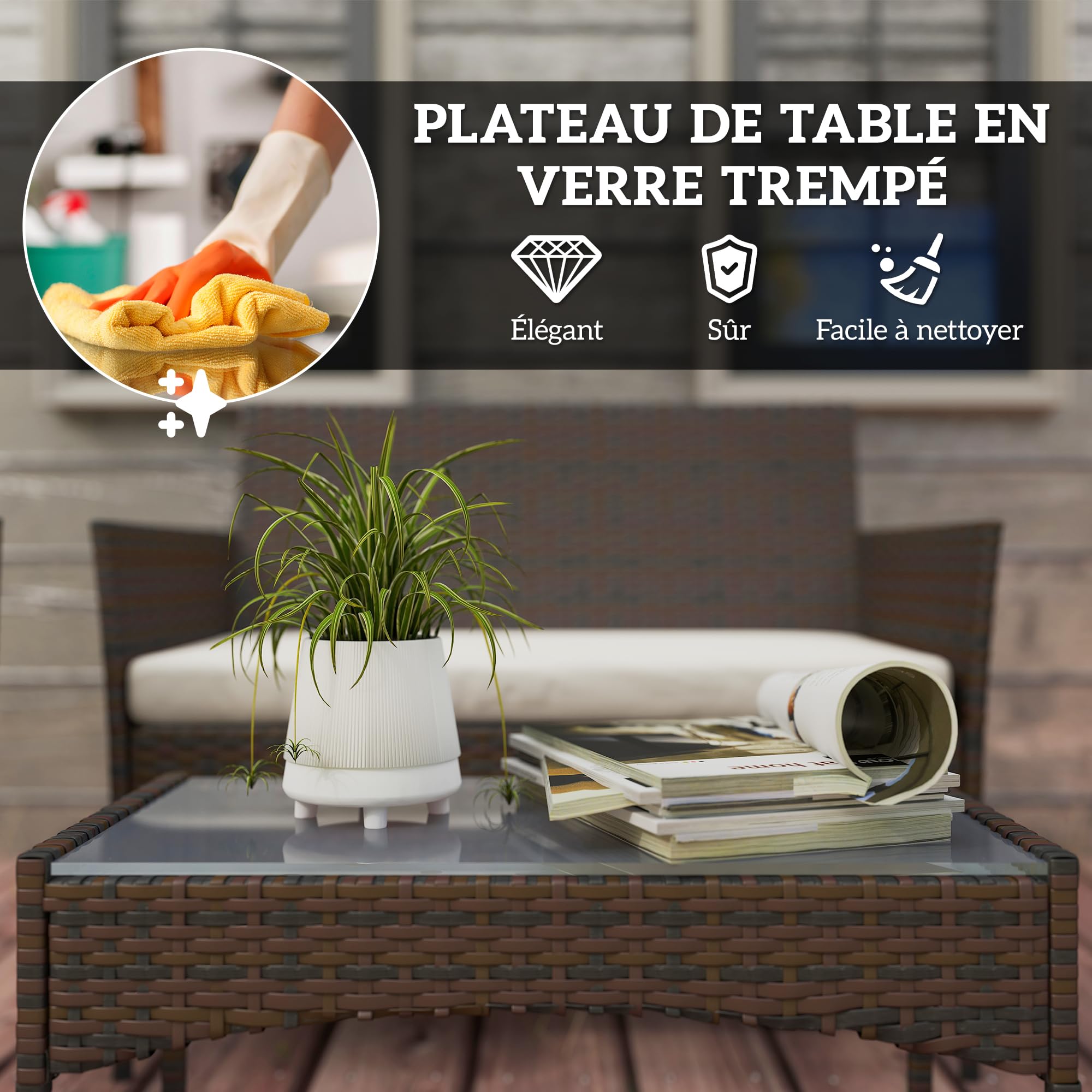 Outsunny Salon de Jardin extérieur 4 Personnes, Salon de Balcon en résine tressée avec canapés et Table Basse en Verre trempé, Coussins déhoussables Inclus, pour Patio Balcon terrasse, Beige