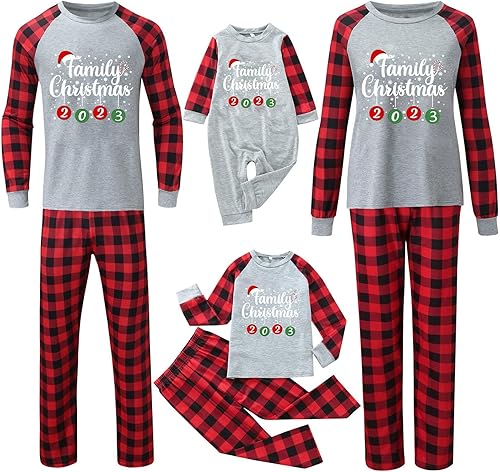 Miniatura 2 de Pijamas de Navidad a juego para la familia, pijamas clásicos de Navidad a cuadros rojos, divertidos pijamas lindos conjuntos de ropa de dormir