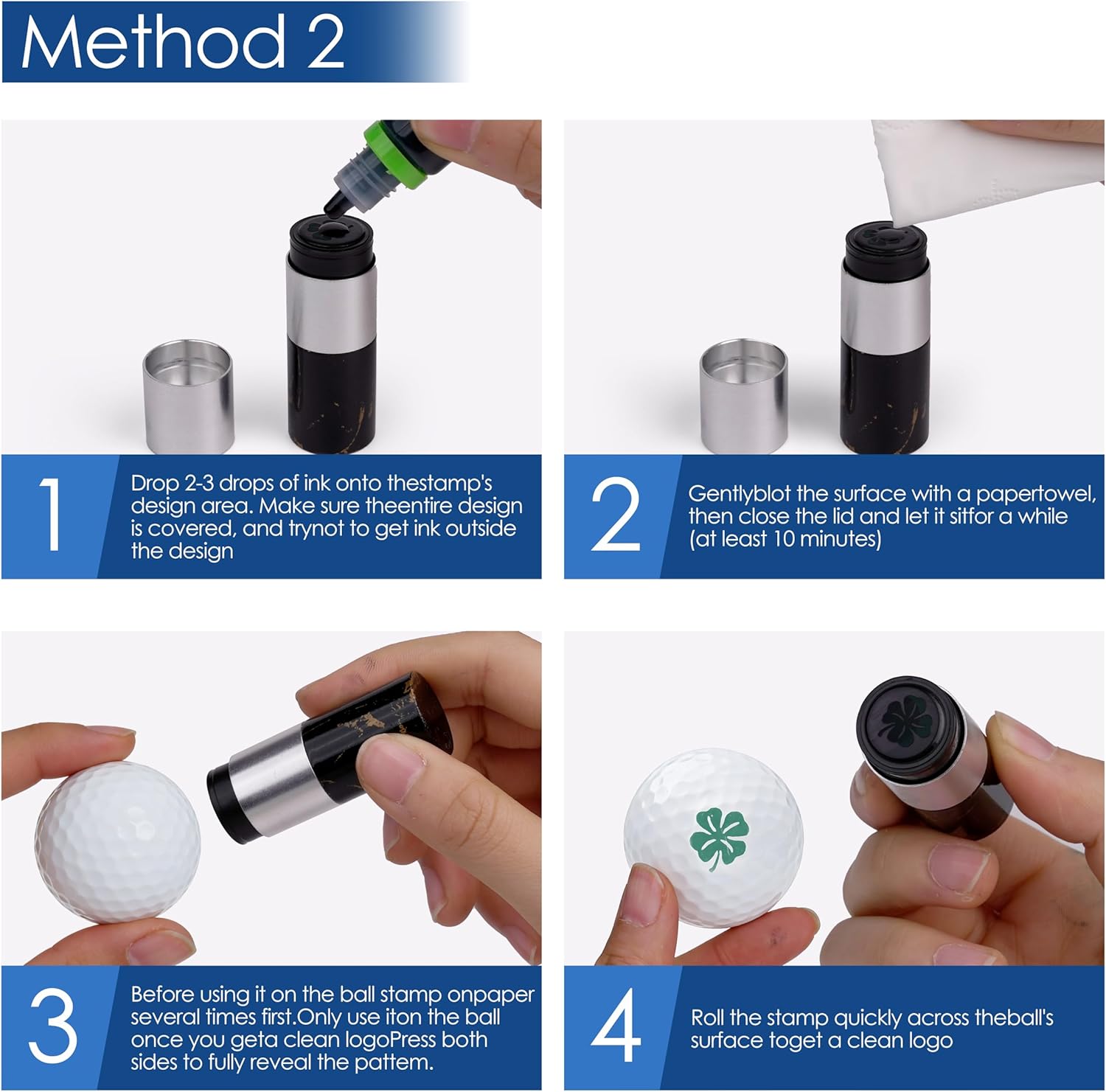 Wood Golf Ball Stamp, Self-Inking Marker, Larger Custom Golf Ball Stamp, Reusable Waterproof Golf Stamper Marking Gift for Golfer Dad Retirement (Four Leaf Clover)
