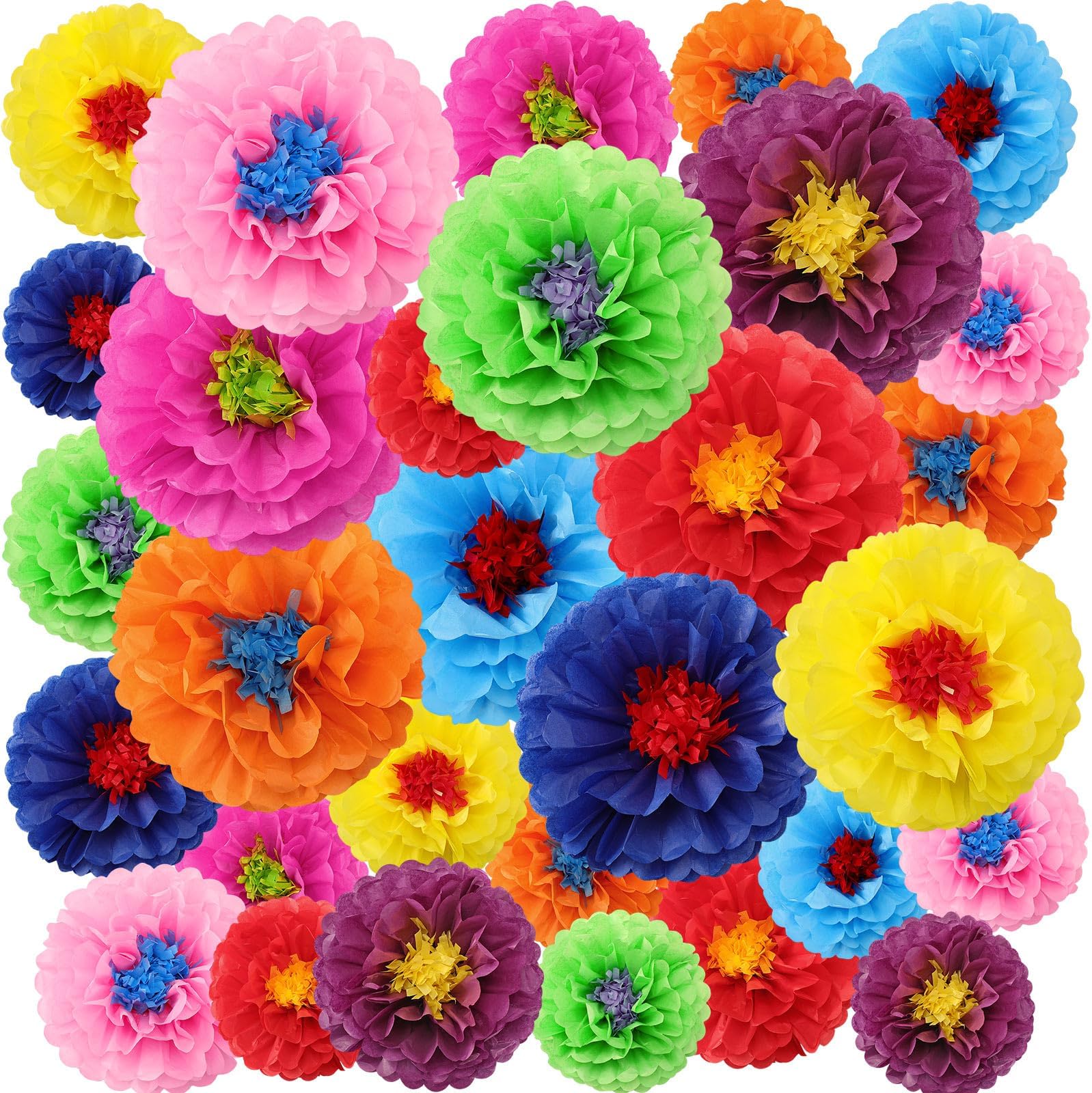 Geyee27 Pcs Mexican Paper Flowers Colorful Tissue Paper Flowers Fiesta Paper Flowers Mexican Carnival Paper Flowers for Floral Party Backdrop Birthday Wedding Party 8, 10, 12 Inch (Stylish Color)