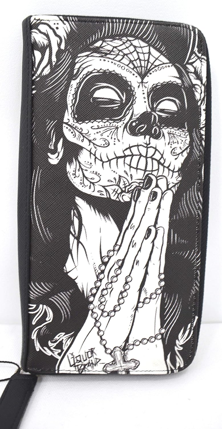 Liquorbrand Gypsy rose Praying Sugar Skull Woman Tattoo Skull zip around clutch Wallet