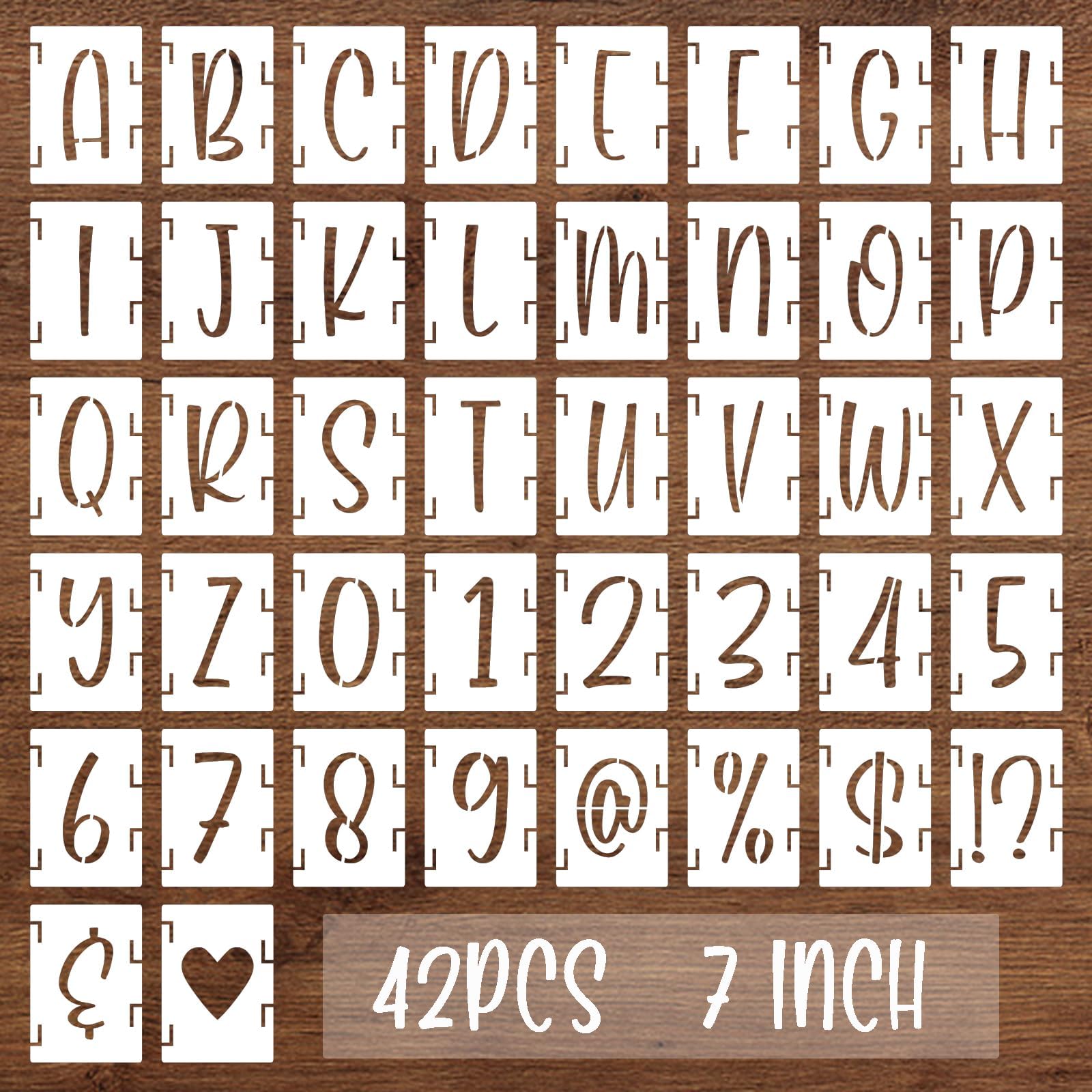 BAMIDELE 7 Inch Alphabet Letter Numbers Stencils, 42 Pcs Reusable Plastic Letters Symbol Interlocking Drawing Template Kit for Painting on Wood, Fabric, Rock, Chalkboard, Door Porch, Wall, Signage