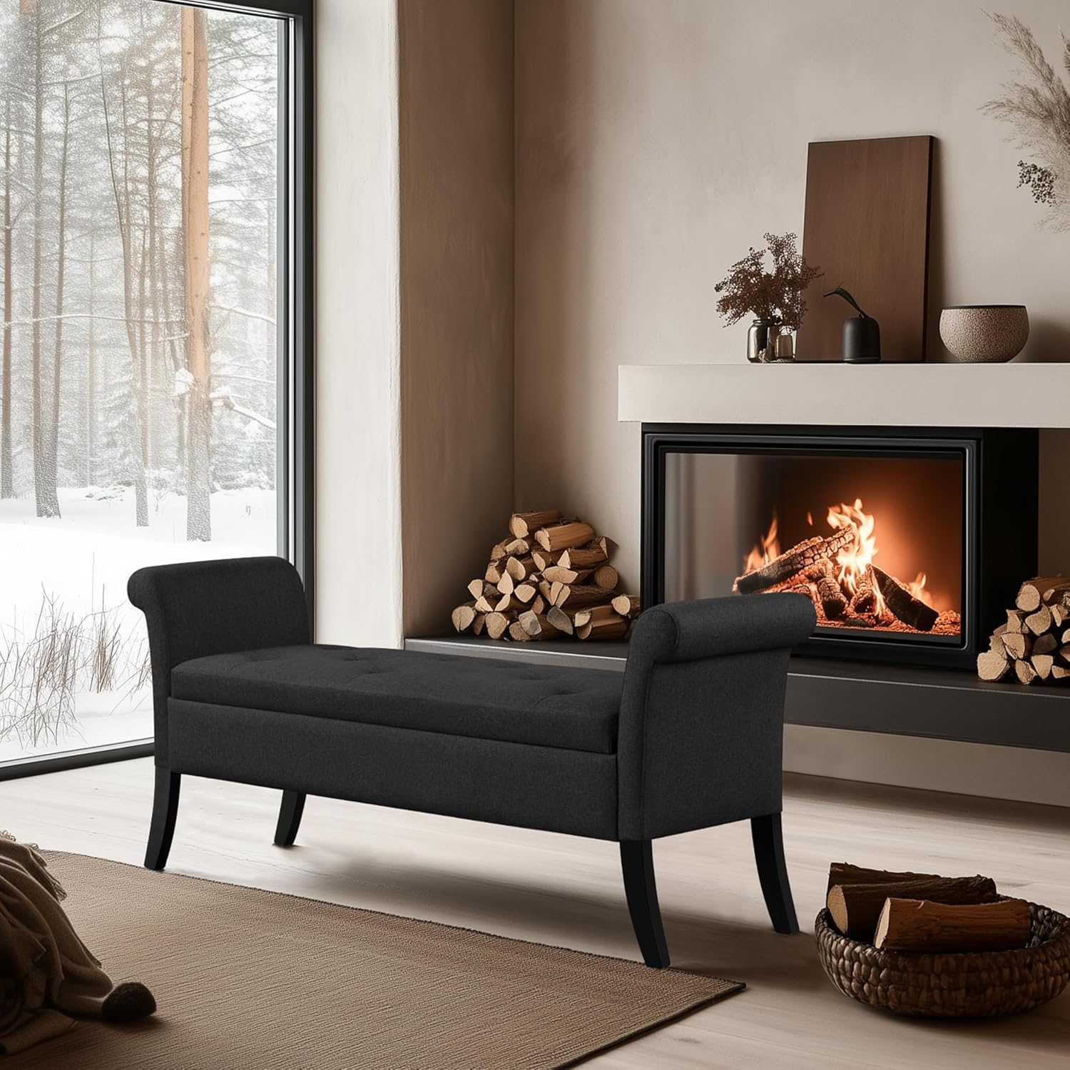 Yaheetech Ottoman with Storage, 52" Storage Ottoman Bench with Safety Hinge, Upholstered Bench with Seating for Bedroom, Living Room, Holds up to 661 lb, Black