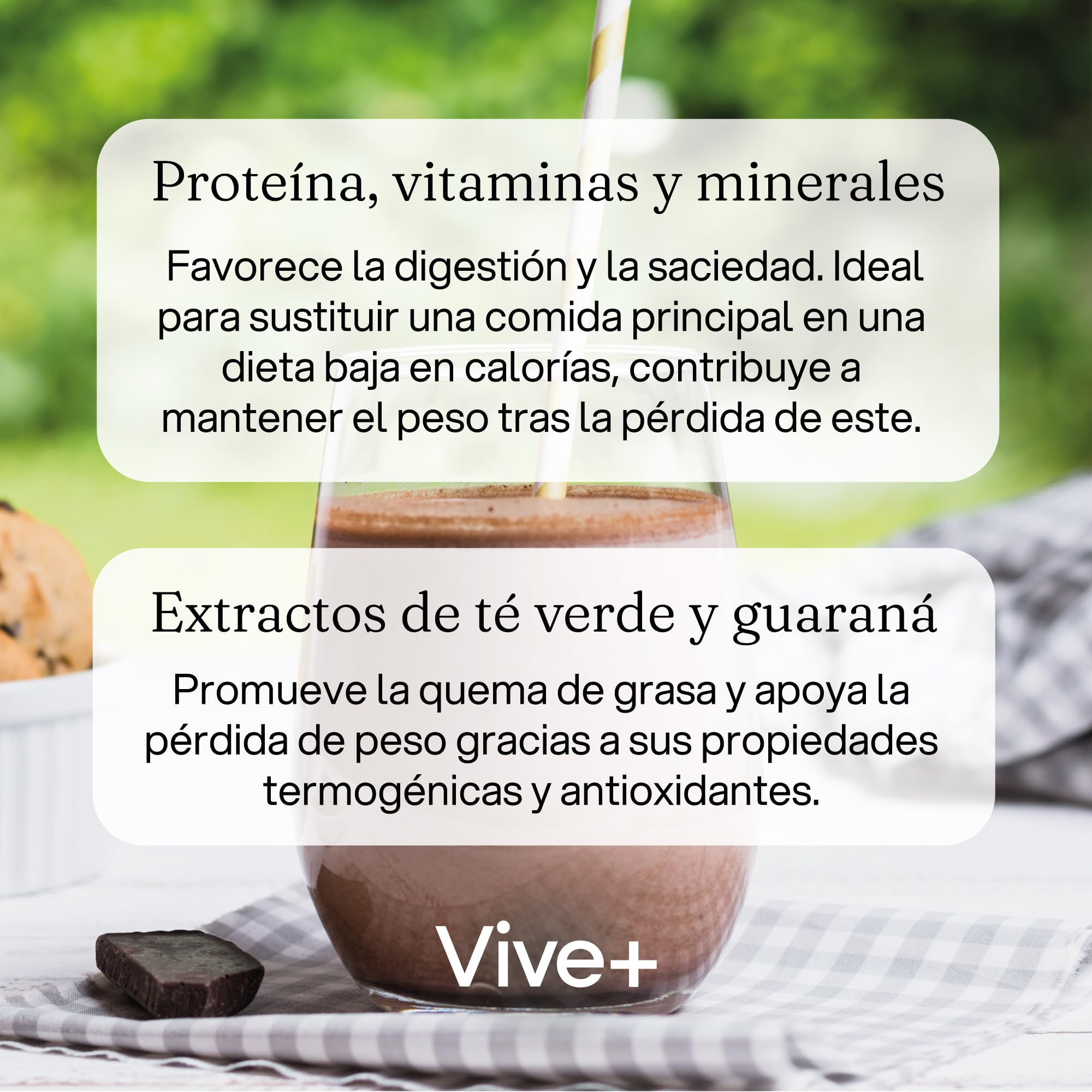Vive+ Slim Shake Chocolate – Sobres de Sustitutivo de Comida con 20 g Proteína, 20 Vitaminas y Minerales, Fibra, Guaraná y Té Verde – Control de Peso, Saciedad y Termogénesis (Pack de 2-12 Sobres)