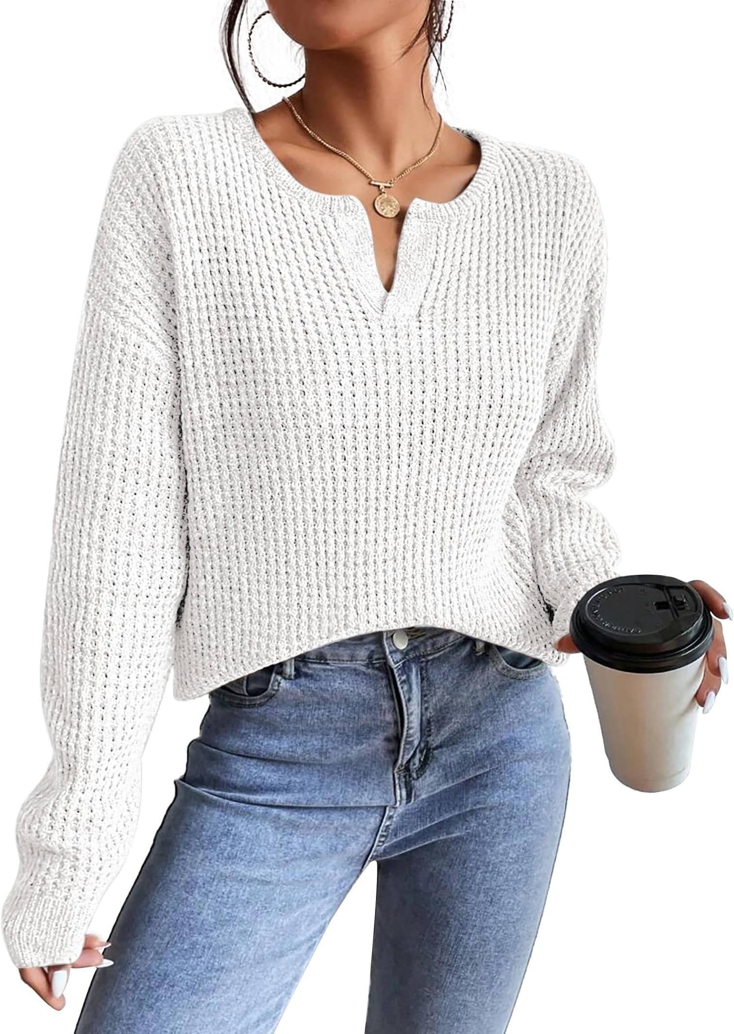 Womens Sweaters Casual Drop Shoulder Long Sleeve V Neck Pullover Tops Trendy Fall Fashion Clothes 2025