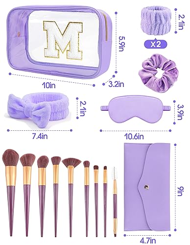 Miniatura 4 de Gift Sets for Women, Initial Makeup Bag with Makeup Brush Set Bachelorette Party Favors, Purple Spa Kit with Skincare Headbands Wrist Bands