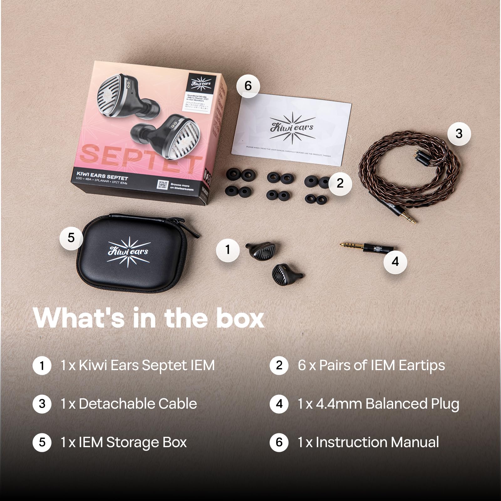 LINSOUL Kiwi Ears Septet 1DD 4BA 1 Planar 1 PZT Quadbrid IEM HiFi Ohrhörer mit 3,5 mm/4,4 mm modulares Kabel