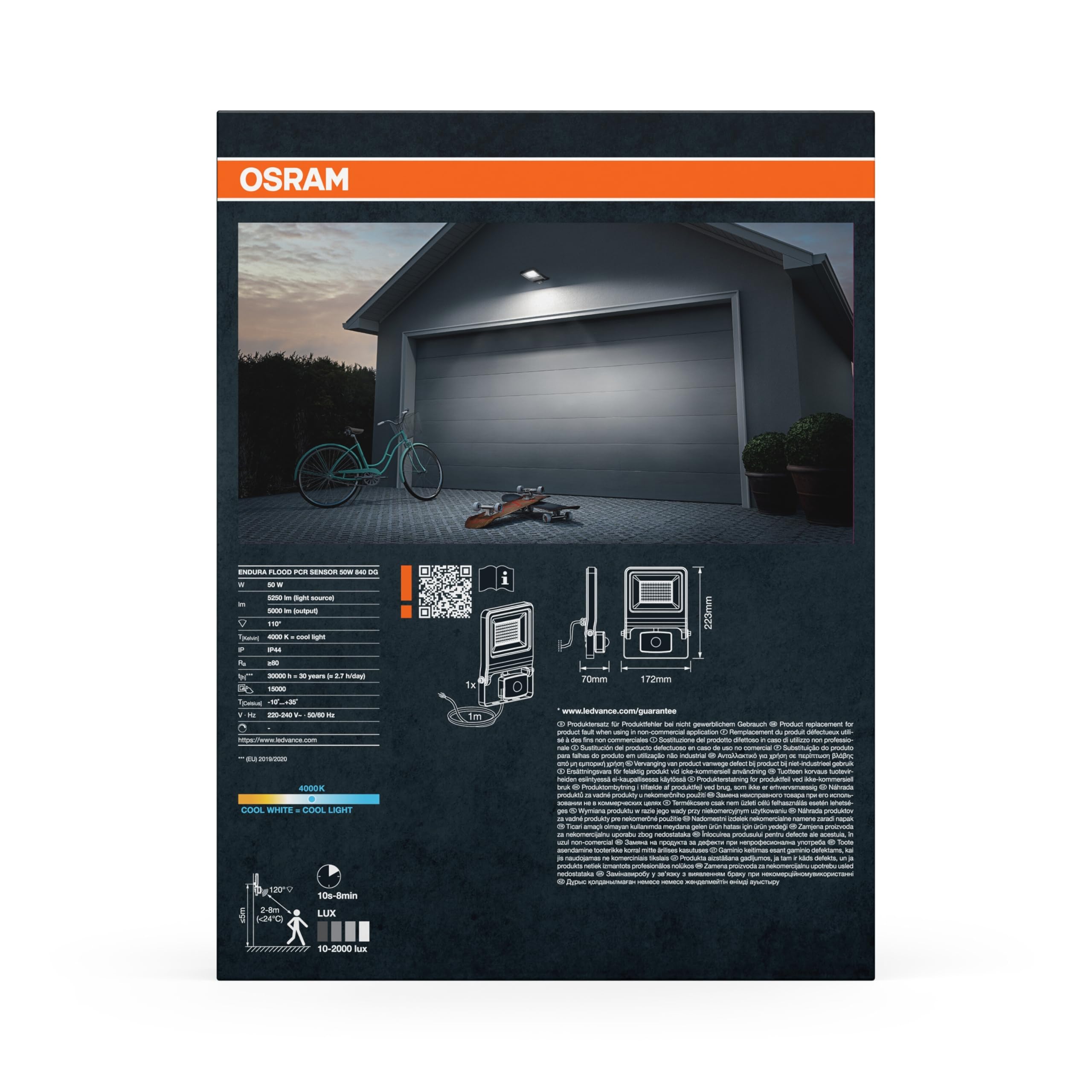 OSRAM Faretto da Esterno con Sensore LED ENDURA Flood, 50W, 5000lm, 4000K bianco freddo, Sensore di Movimento 9m, Alluminio, IP65