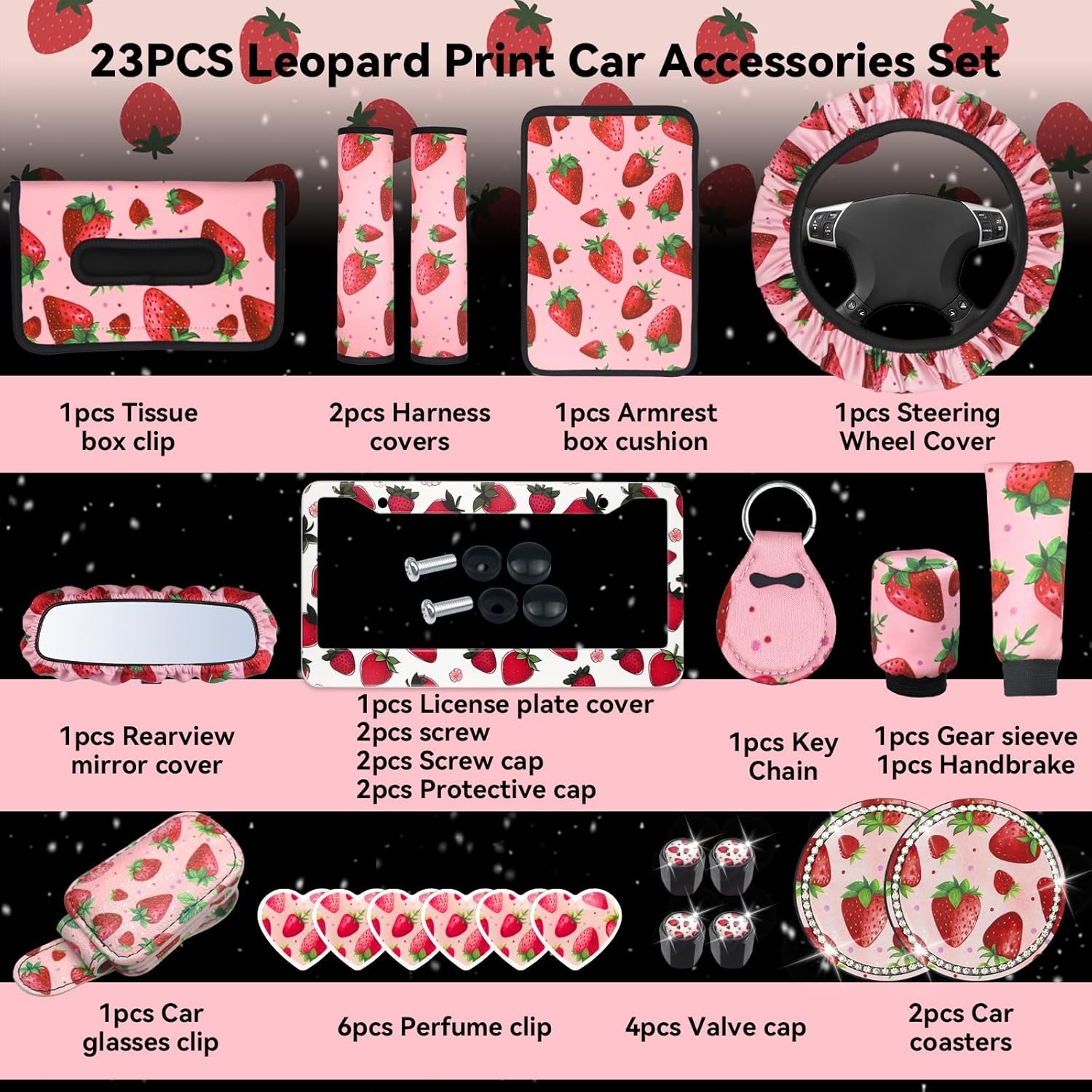 23 Pcs Leopard Print Car Accessories,Including License Plate Frame,Rearview Mirror Decoration,Etc,Suitable for Sedan,SUV and Other,Cute Car Interior Set for Women (Pink Strawberry)