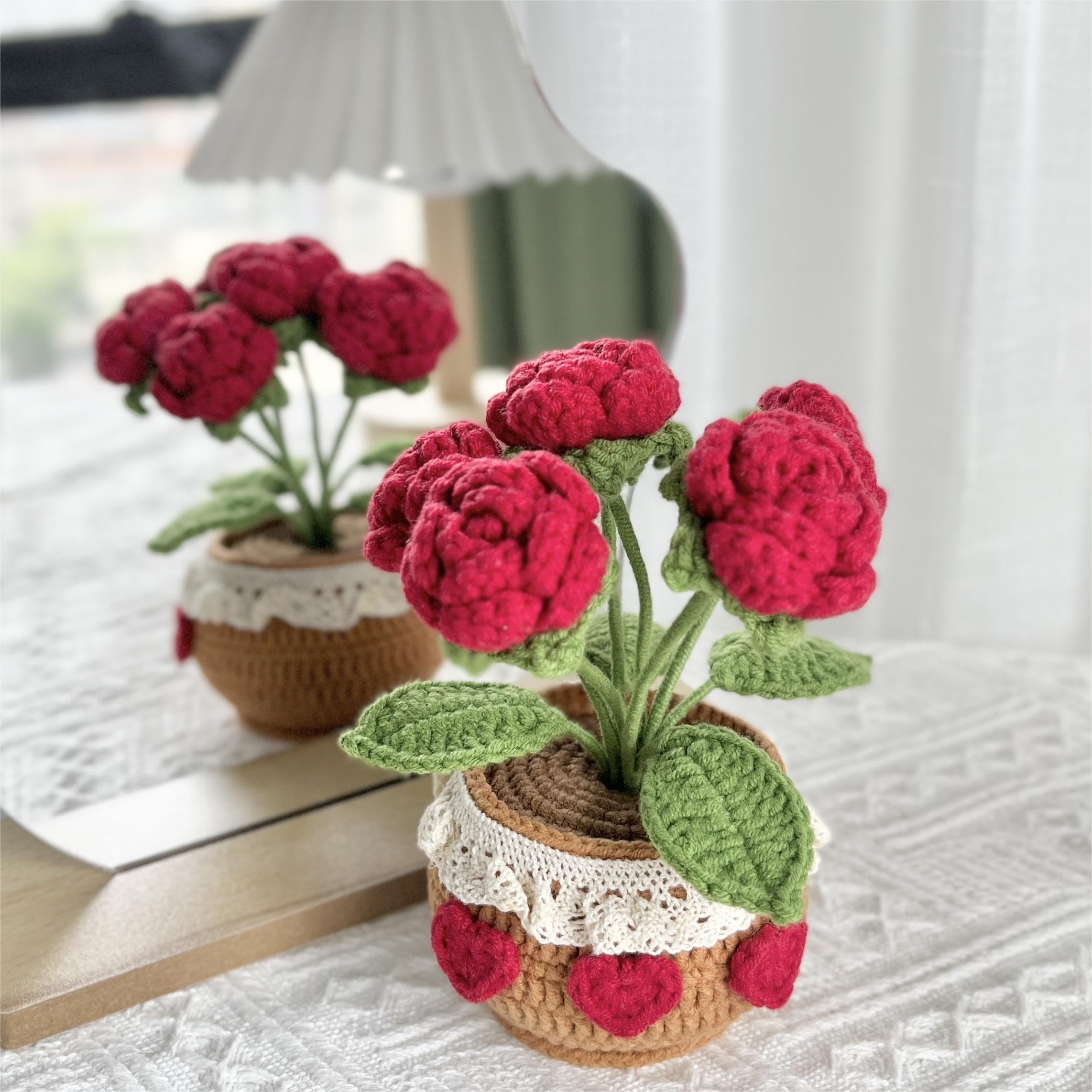 JOMODECOR Handmade Crochet Rose Bouquet Potted Plants, Knitted
