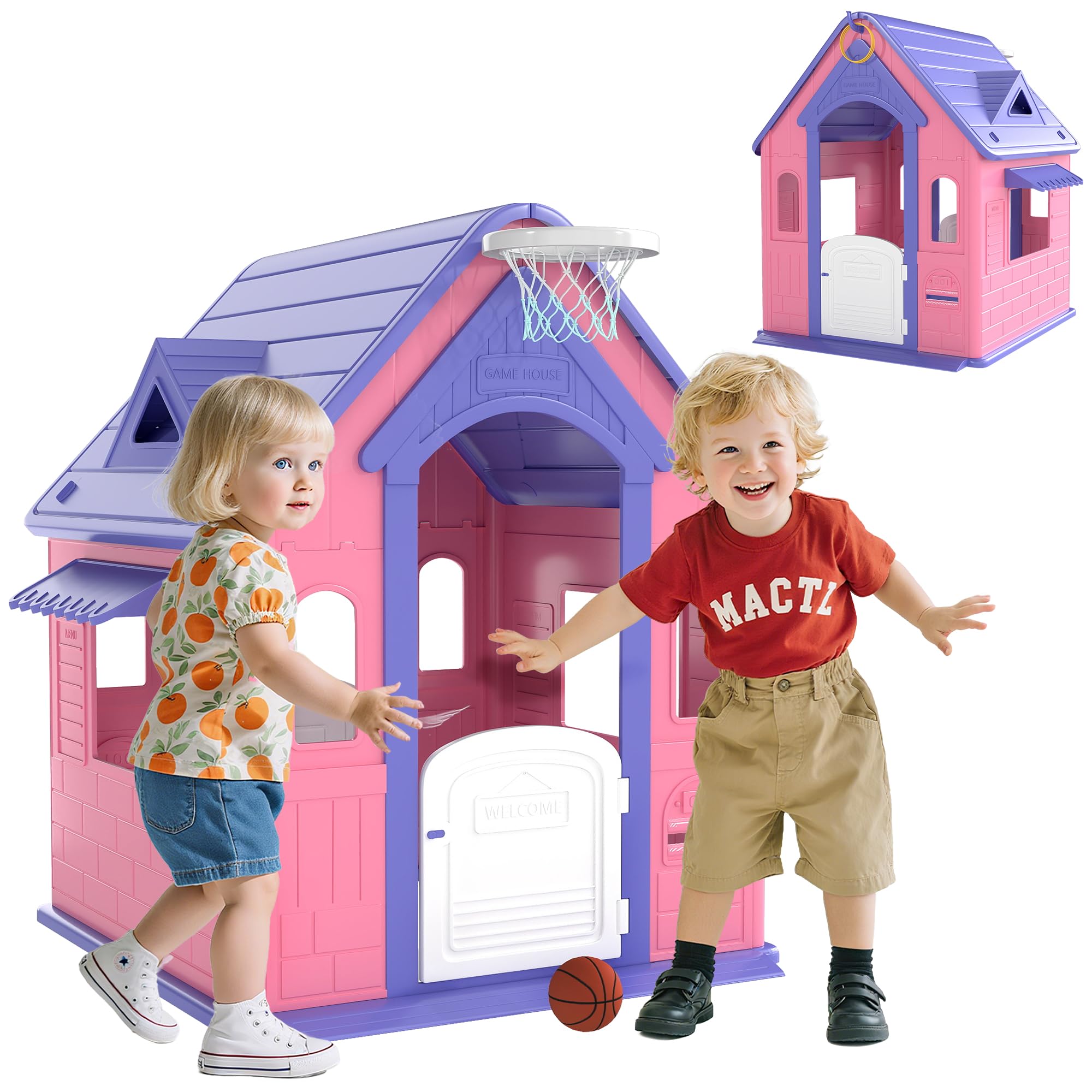 AIYAPLAY 3 in 1 Outdoor and Indoor Kids House with Hoop Launch and Basketball Children's Garden House Playhouse for Children 2-5 Years Pink and Purple