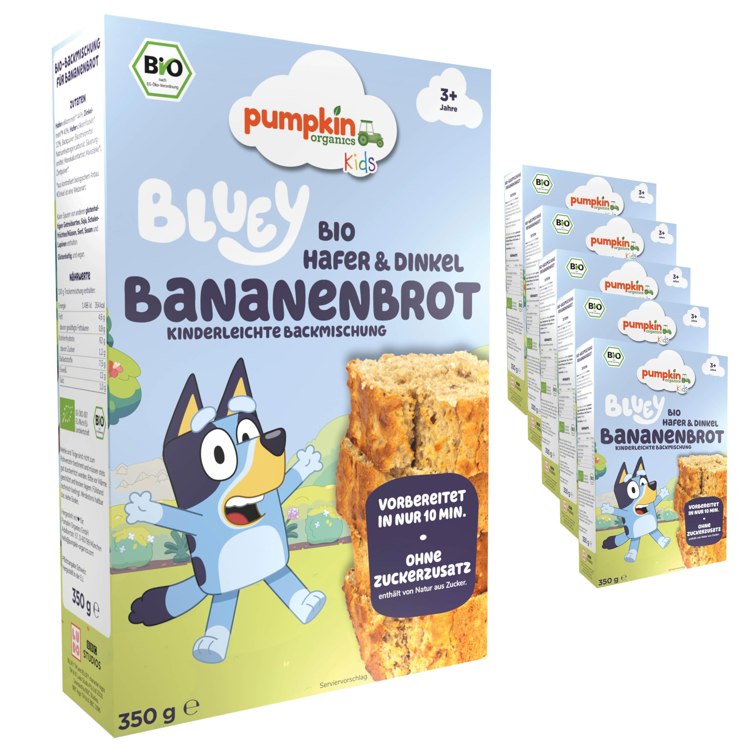 Bluey Bio Bananenbrot Backmischung (6er Pack) - Backmischung für Kinder (3+ Jahre) - schnelle Zubereitung - Bananenbrot und Muffins für Kinder - Backset ohne Zusatzstoffe - von Pumpkin Organics