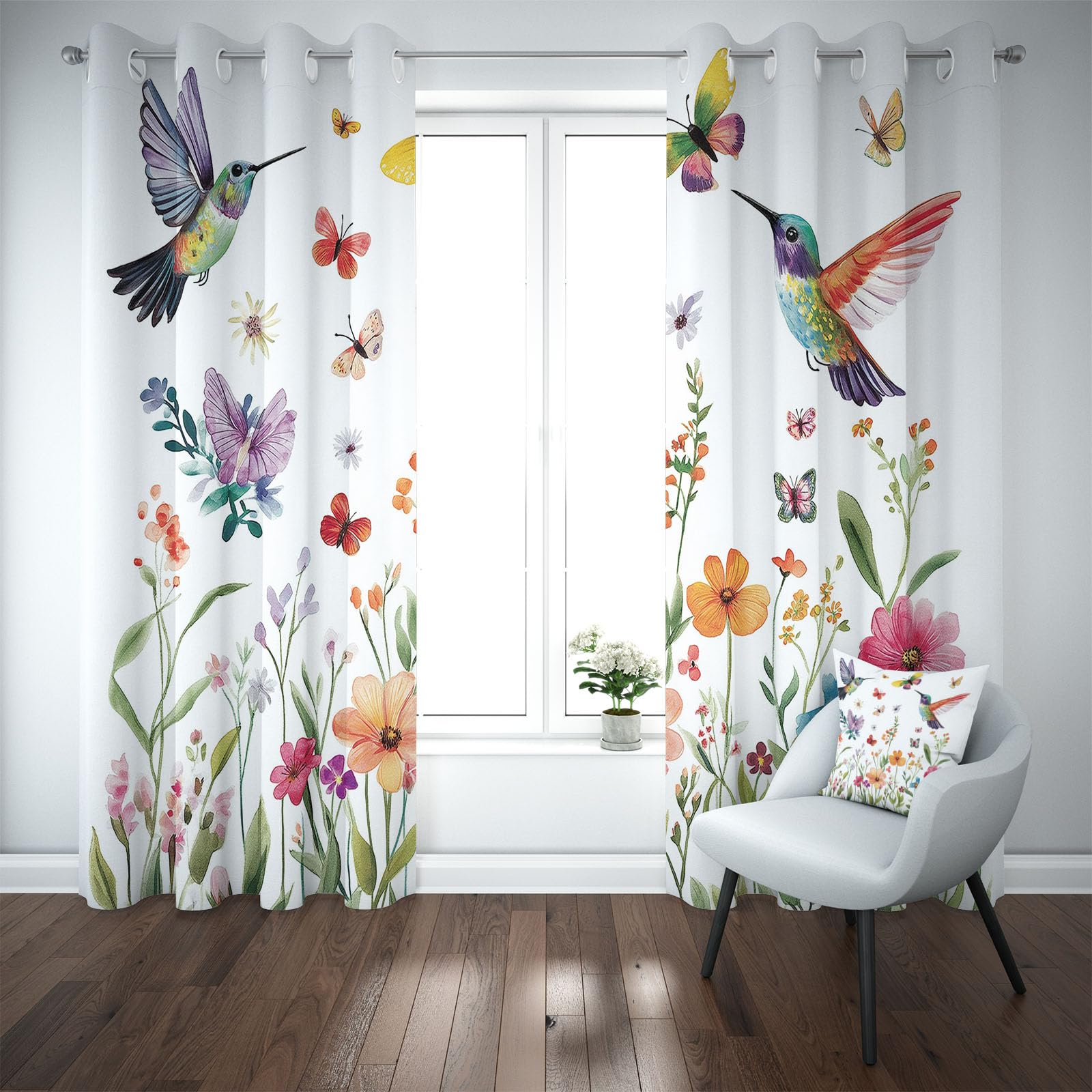 Colibri Oiseau Papillon Rideau Occultant L140 x H245 CM Lot de 2, Floral Pastoral Printemps Rideaux Thermique Isolant Anti Froid Chambre Rideau Isolation Phonique Opaque à Oeillets