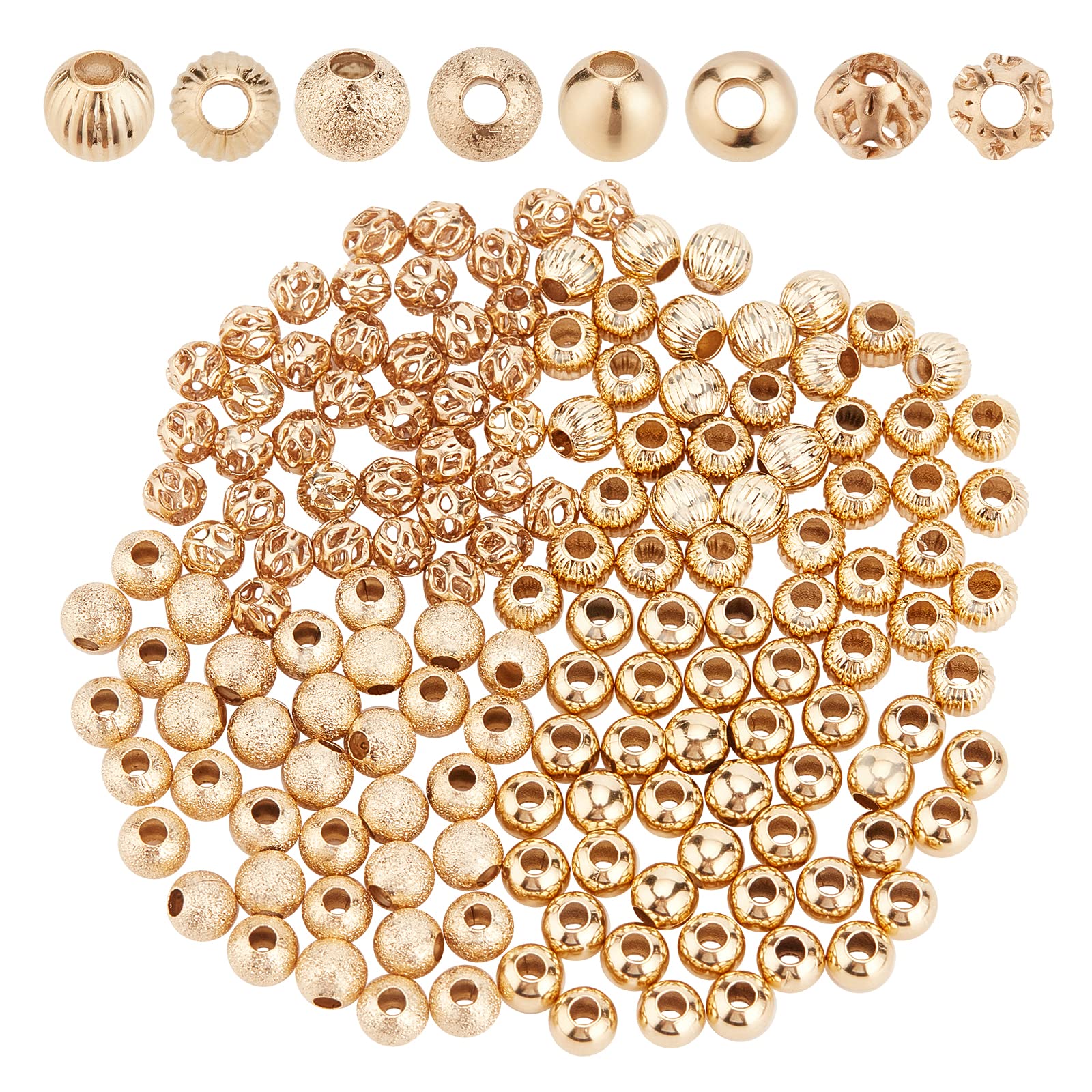 SUPERFINDINGS su 160 pz 4 Perline in Ottone Rotonde Stile 4 mm Perline Distanziatrici Rotonde Lisce Perline A Sfera Vuota Perline Tonde Ondulate Perline Placcato Oro 24K, Foro: 1.2~1.6 mm