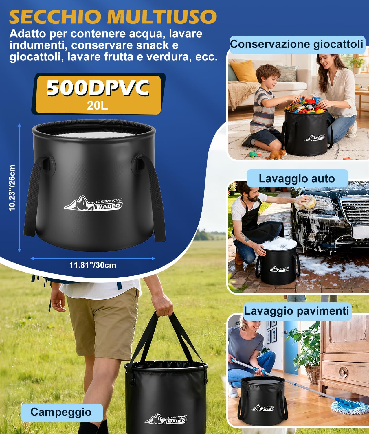 WADEO Doccia Portatile Campeggio con Secchio Pieghevole 20L, Acqua Calda, Pompa Ricaricabile a 5 Velocità con Display LED, 4 Modalità di Getto per Camper, Viaggi, Auto, Animali Domestici