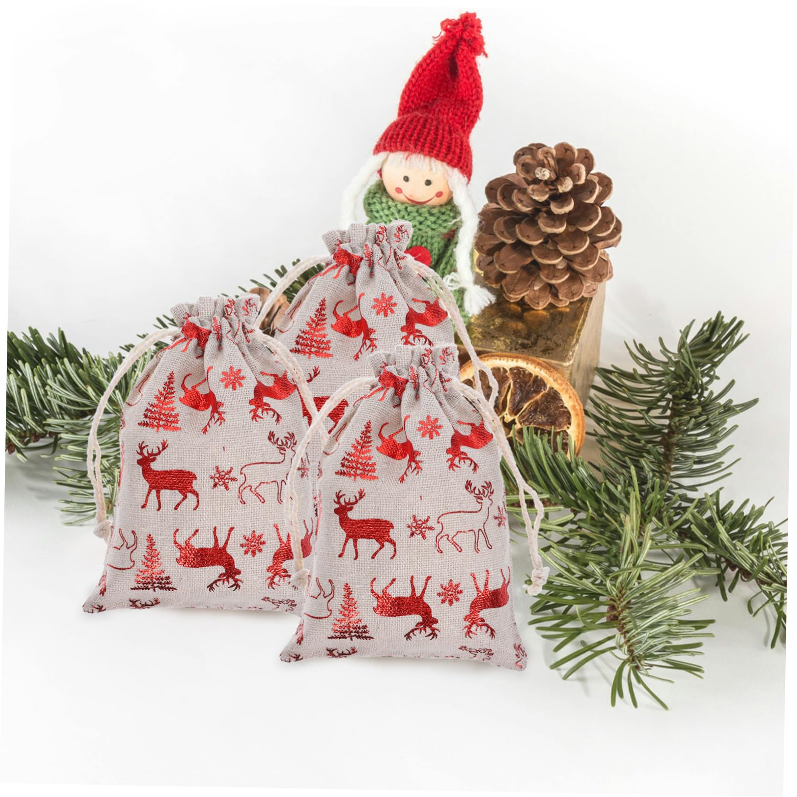 JECOMPRIS 50pezzi Sacchetti Di Natale Lino Cotone Con Chiusura Corda Di Sacchetti Per Regali Caramelle e Dolci Design Festivo Con Renne Rosse Per Feste e Occasioni Speciali