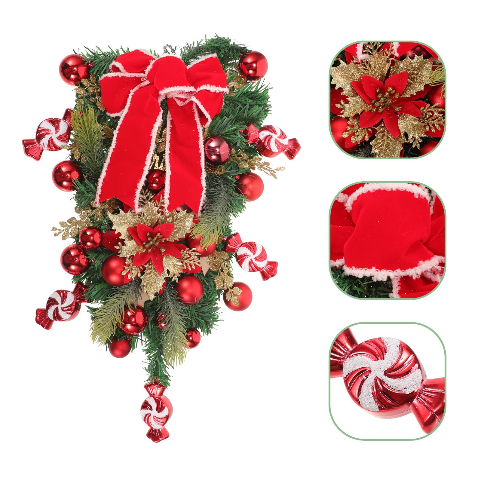 Mikikit Guirnalda Navideña Colgante en Forma de Lágrima Lazo para Decoración de Puerta y Barandilla, Diseño Único de PE para Ambiente Navideño Auténtico